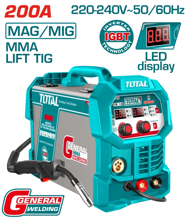 ИНВЕРТОР АПАРАТ ЗА ЗАВАРУВАЊЕ 200A (МАГ/МИГ/ММА/ТИГ Лифт) TOTAL TMGT20058