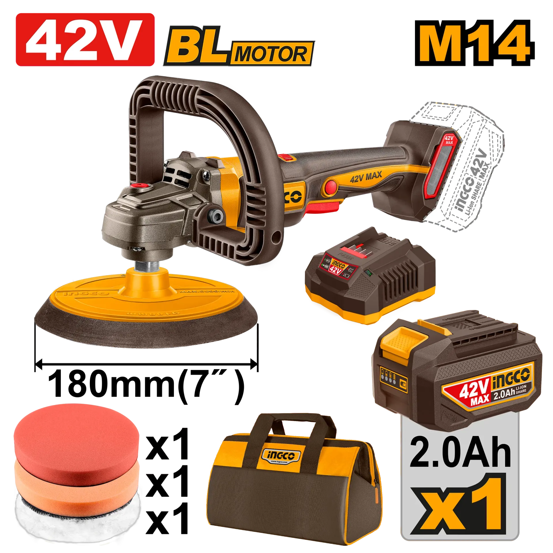 Polirka 180mm 42V 1x2.0Ah INGCO APLI42181