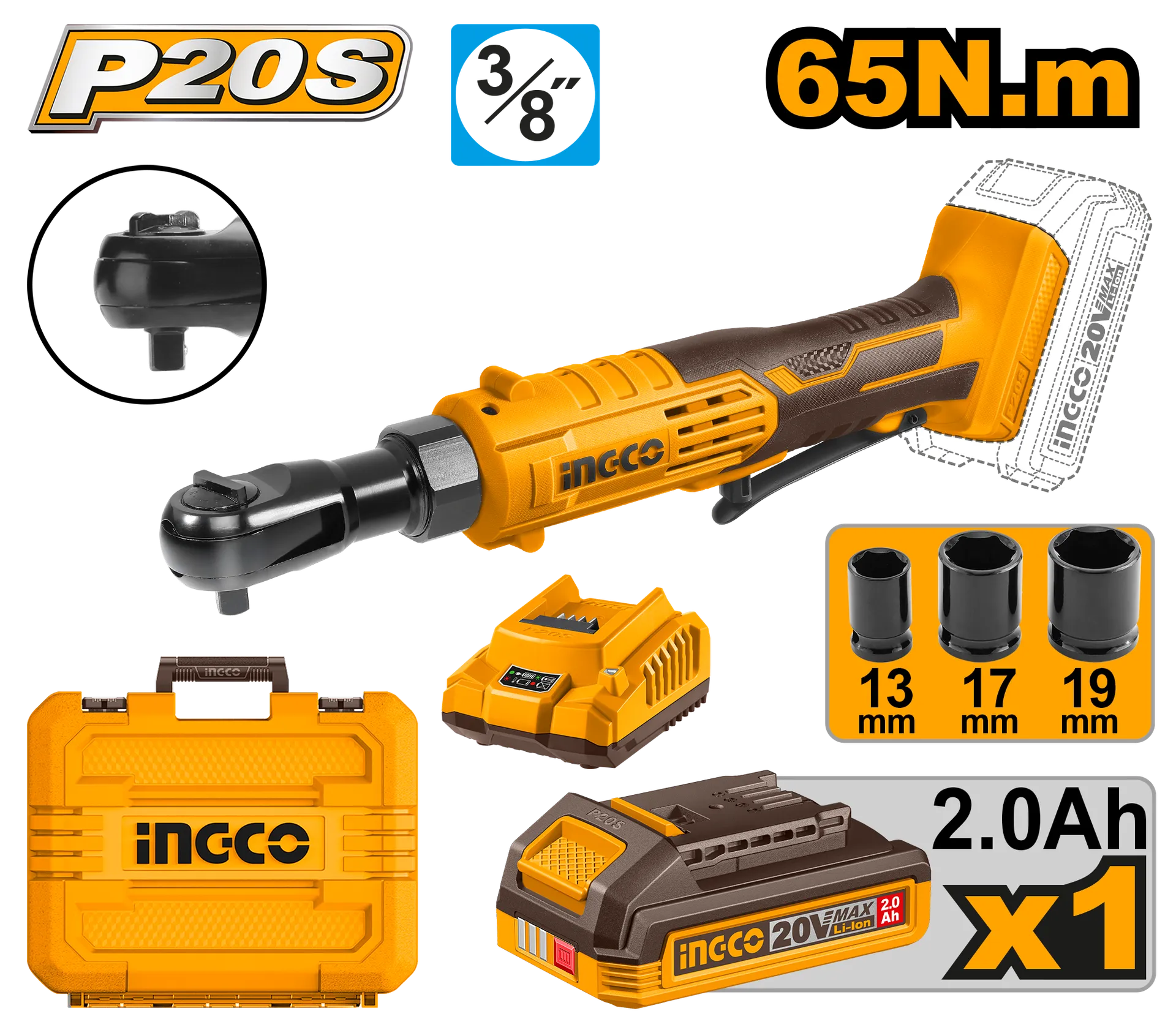 Çelës përplasës këndor 3/8" 65Nm 1x2.0Ah bateria - INGCO CDRLI2060152
