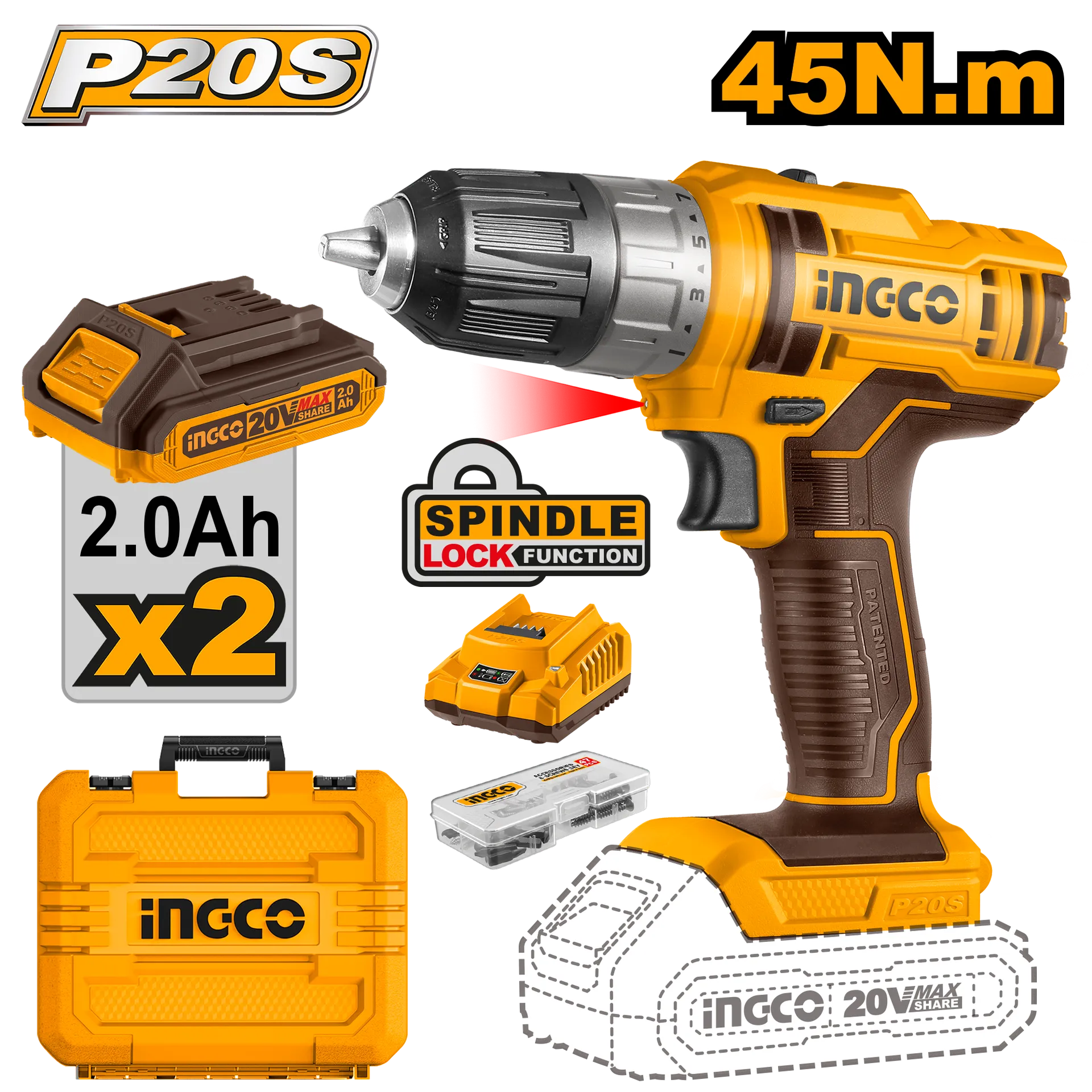 Dhëmbësor batterie 20V 2x2Ah baterie 45Nm INGCO CDLI200528