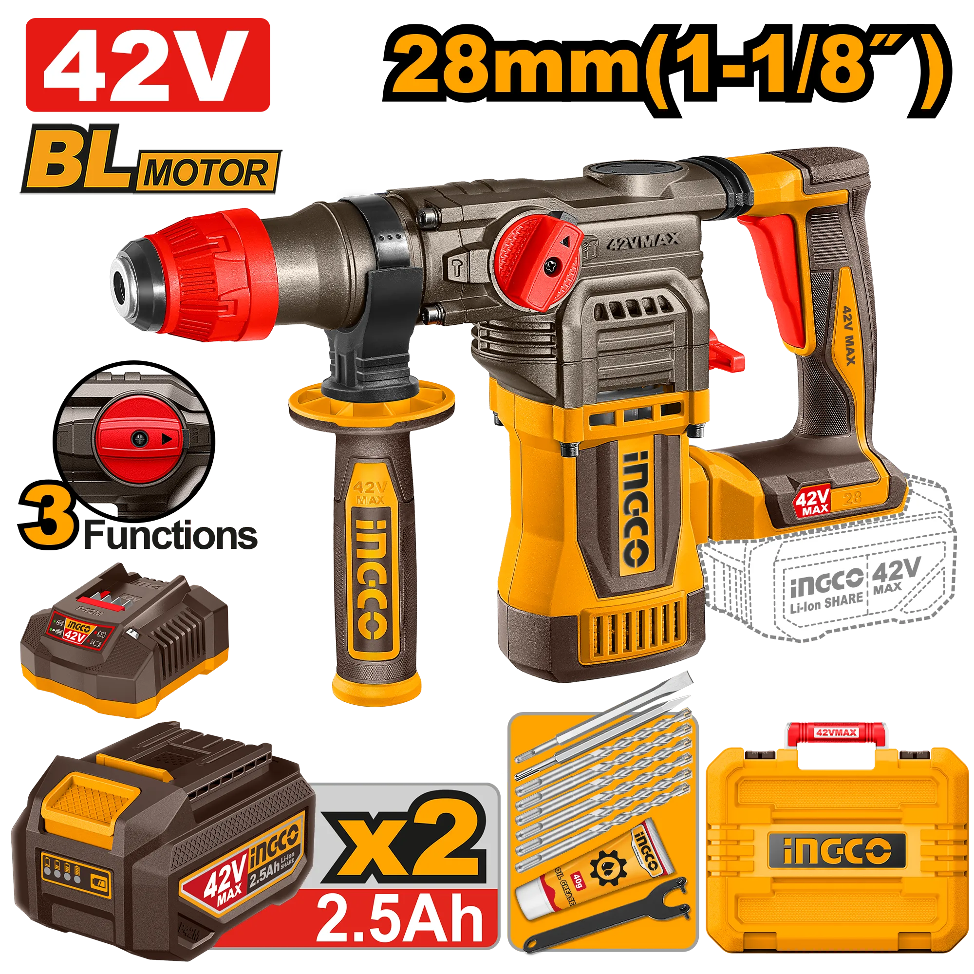Çekiç shpuese goditëse SDS+ 42V 2x2.5Ah 28mm INGCO CRHLI422882