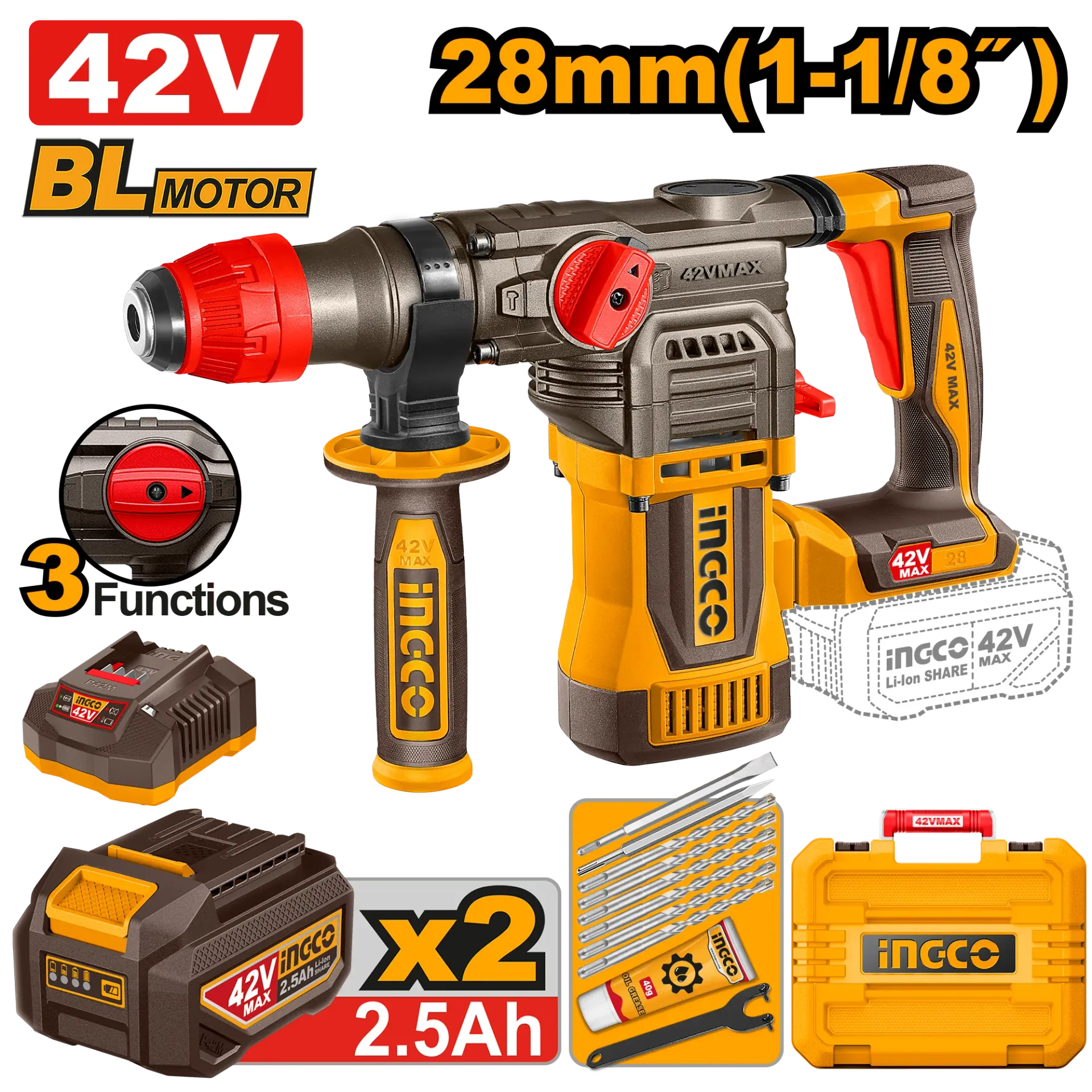 Çekiç shpuese goditëse SDS+ 42V 2x2.5Ah 28mm INGCO CRHLI422882