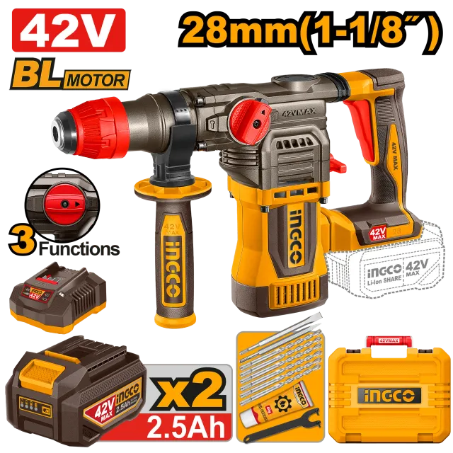 УДАРЕН ЧЕКАН ДУПЧАЛКА SDS+ 42V 2×2.5Ah 28mm INGCO CRHLI422882