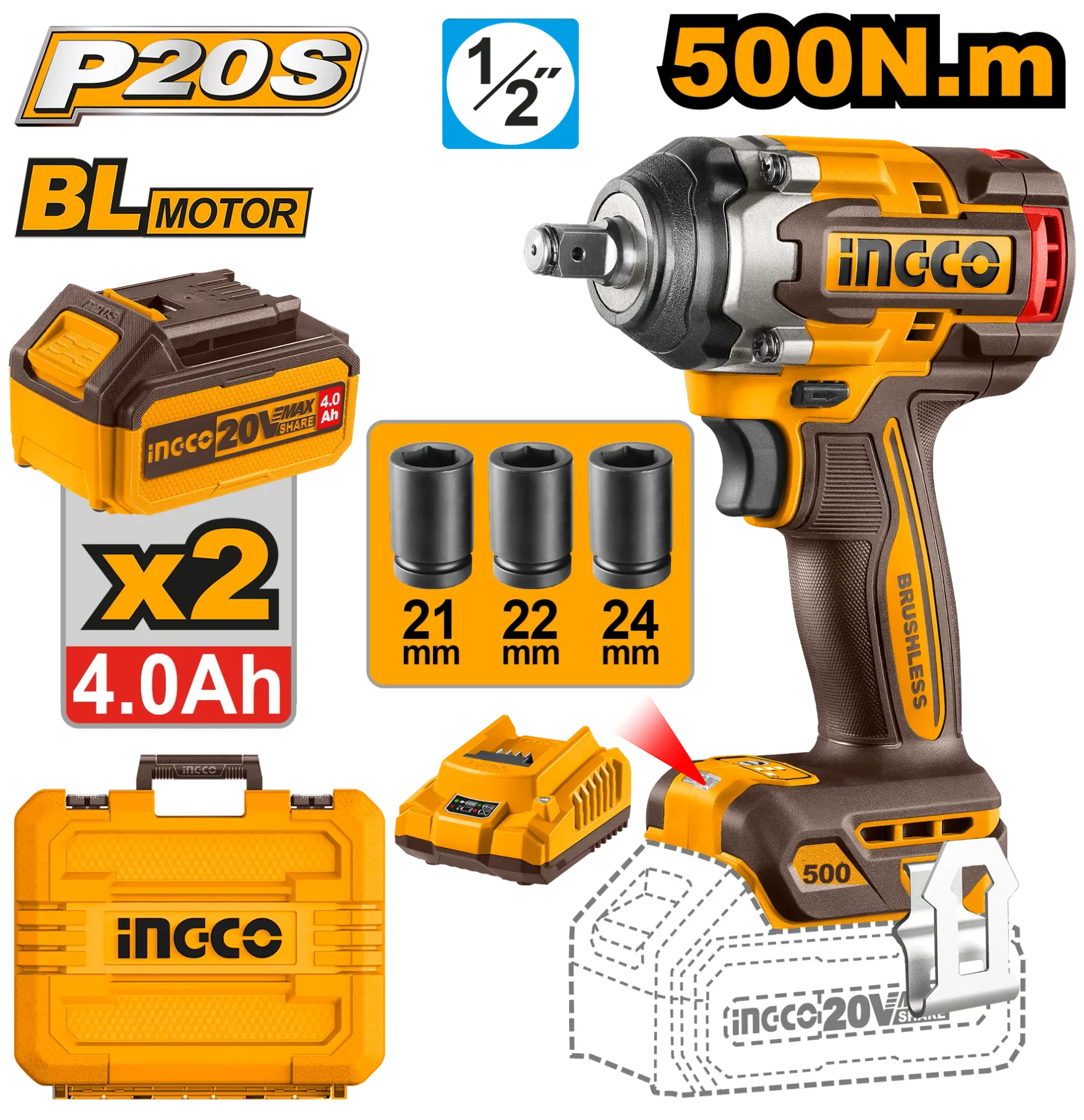 Śrubim goditës 500Nm 20V 2x4.0Ah bateri INGCO CIWLI2050