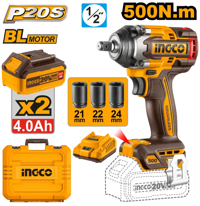 УДАРЕН ОДВРТУВАЧ 500Nm 20V 2×4.0Ah БАТЕРИИ INGCO CIWLI2050