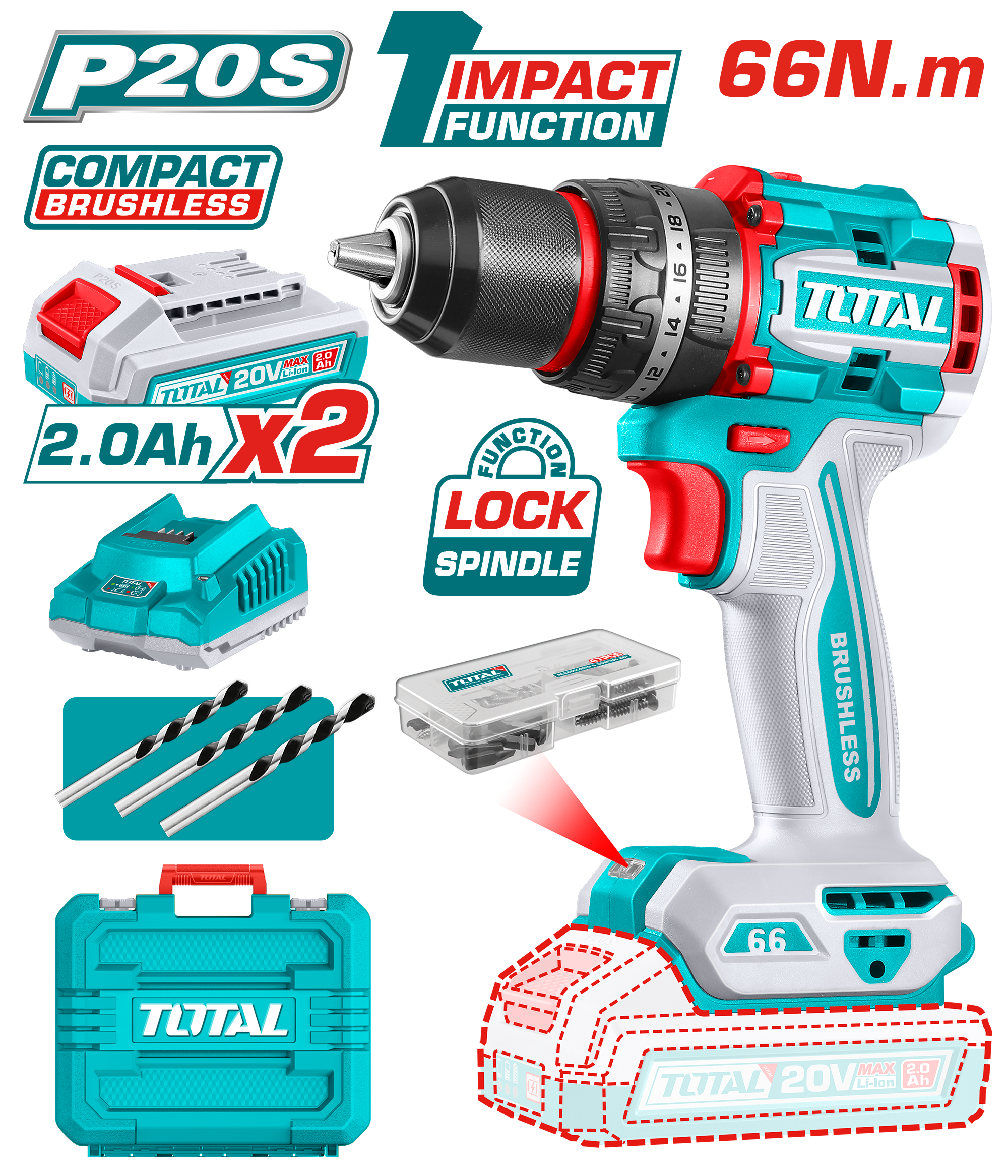 Përforcues 66Nm 20V 2×2.0Ah bateri TOTAL TIDLI20668