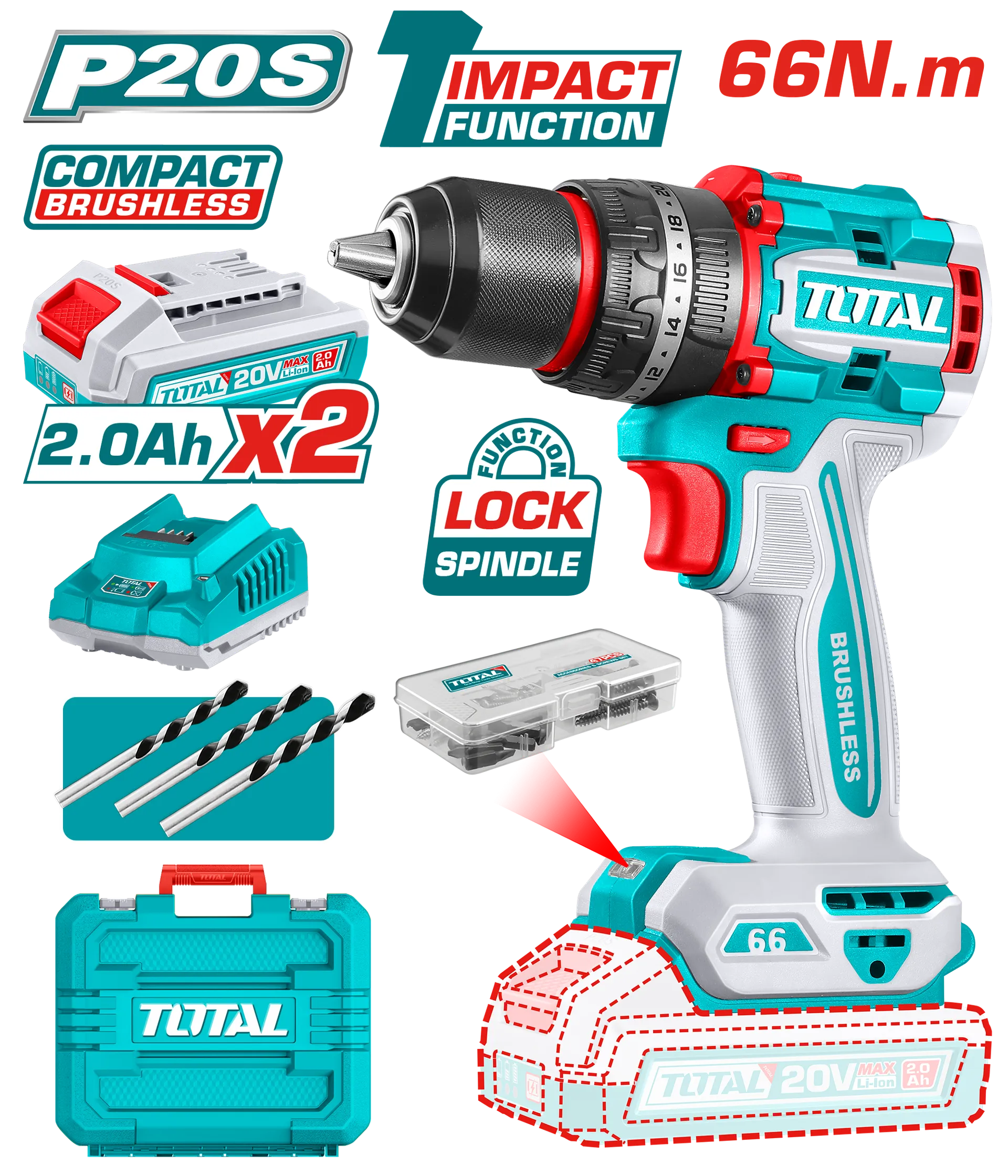 Përforcues 66Nm 20V 2×2.0Ah bateri TOTAL TIDLI20668