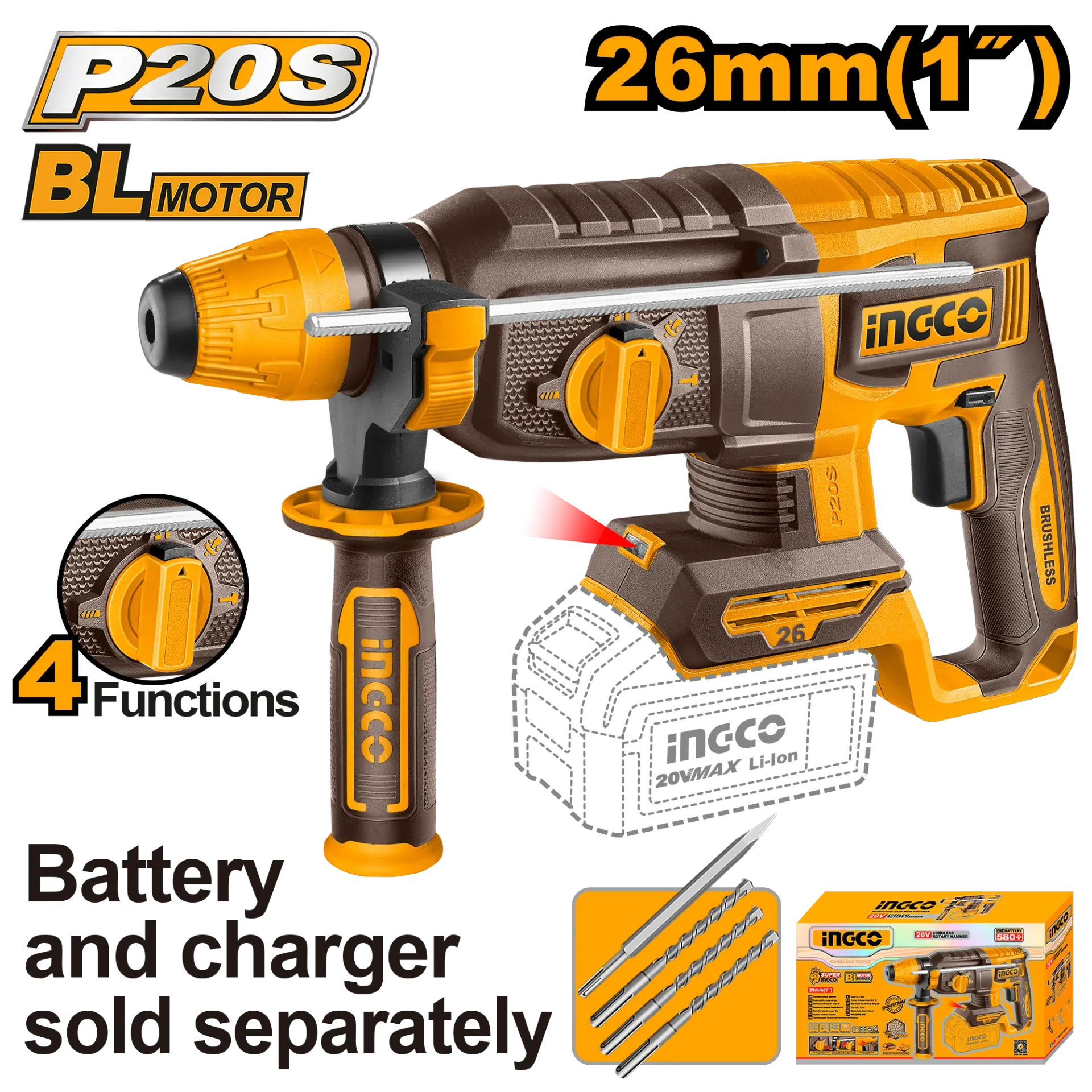 Çekiç shpuese me goditje SDS+ 20V solo pa bateri 26mm INGCO CRHLI20268
