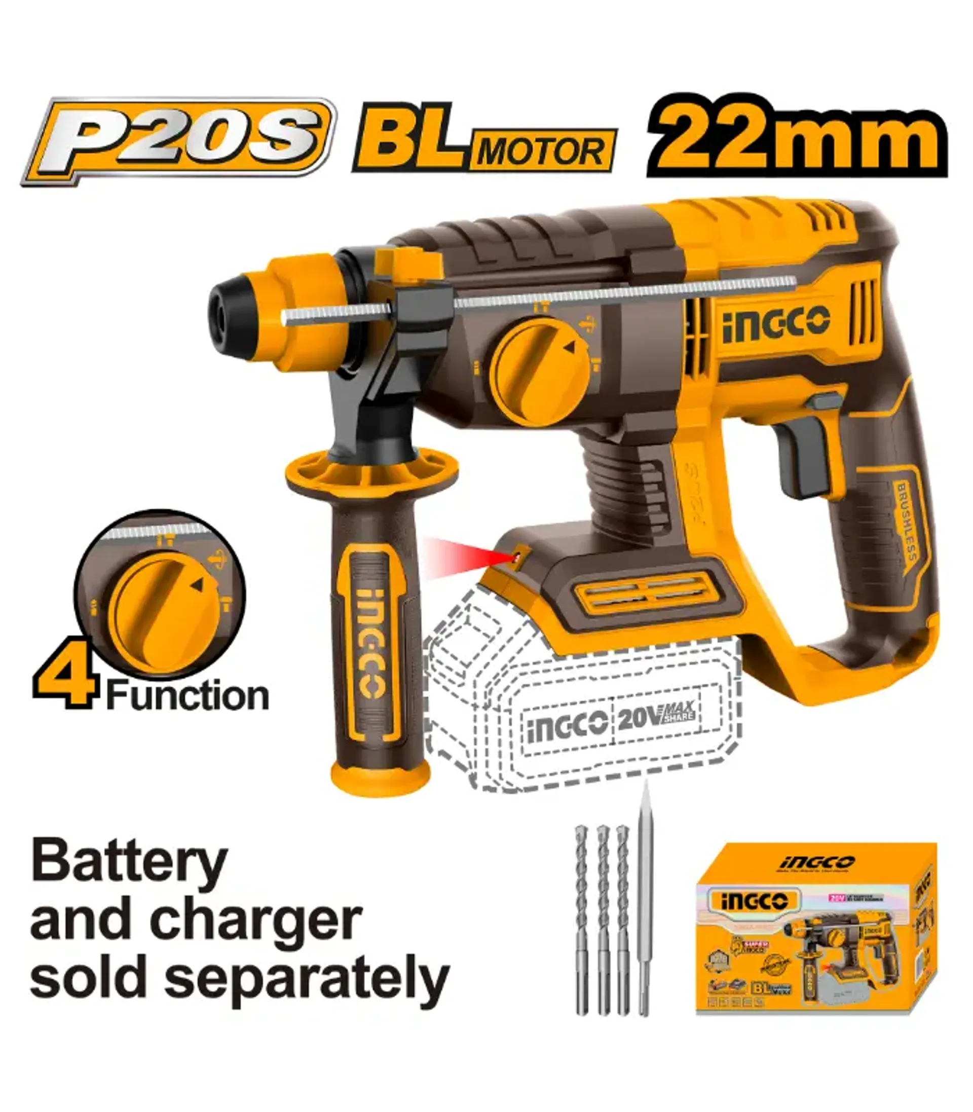 Çekiç përmbys bateri SDS+ 22mm hilti INGCO 20V solo pa bateri BL-CRHLI20208