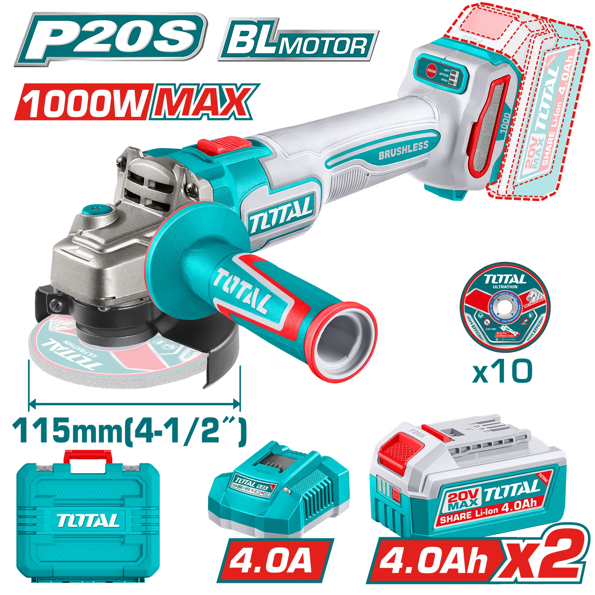 Bluarja këndore 20V 115 2×4.0Ah baterite 1000W TOTAL TAGLI271532