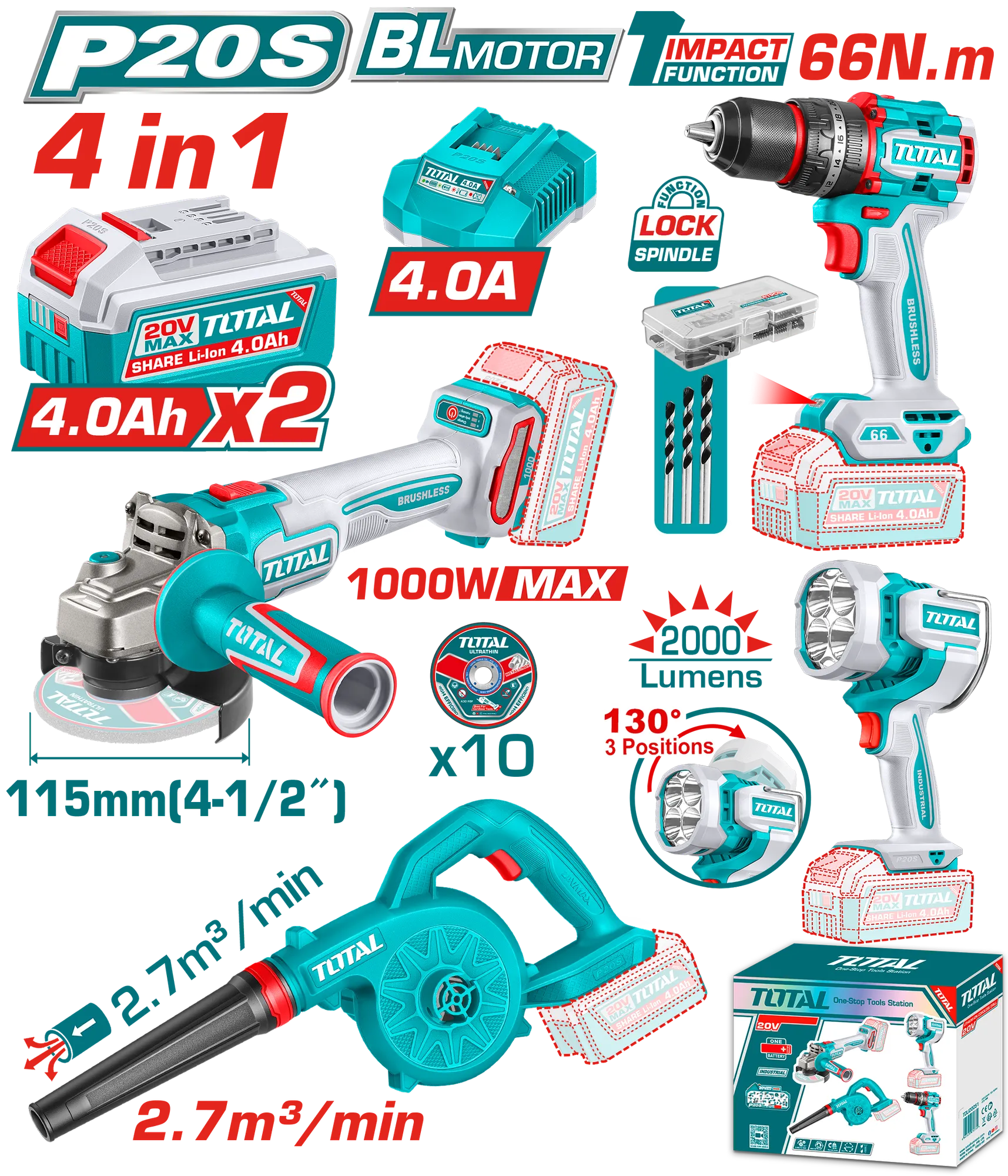 Combo set 4/1 20V 2x4.0Ah TOTAL TOSLI250993