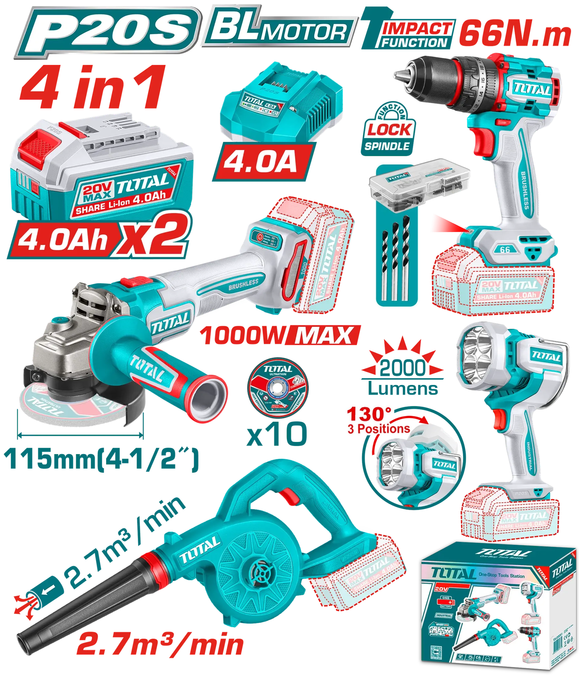Combo set 4/1 20V 2x4.0Ah TOTAL TOSLI250993