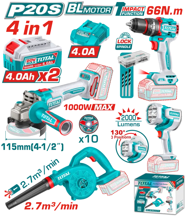 COMBO СЕТ 4/1 20V 2×4.0Ah TOTAL TOSLI250993