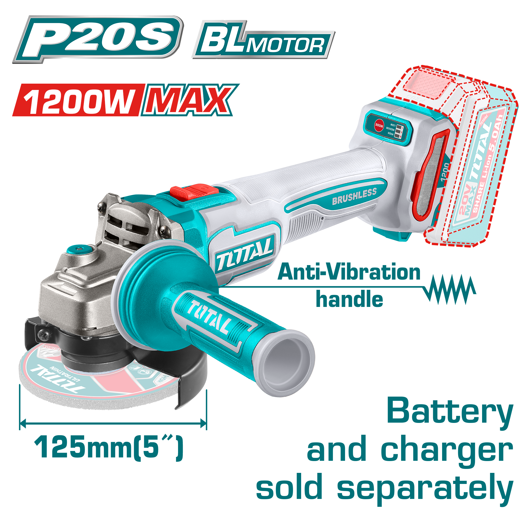 Brusiare këndore 20V 125mm vetëm pa bateritë 1200W dorezë anti-vibracioni TOTAL TAGLI212027