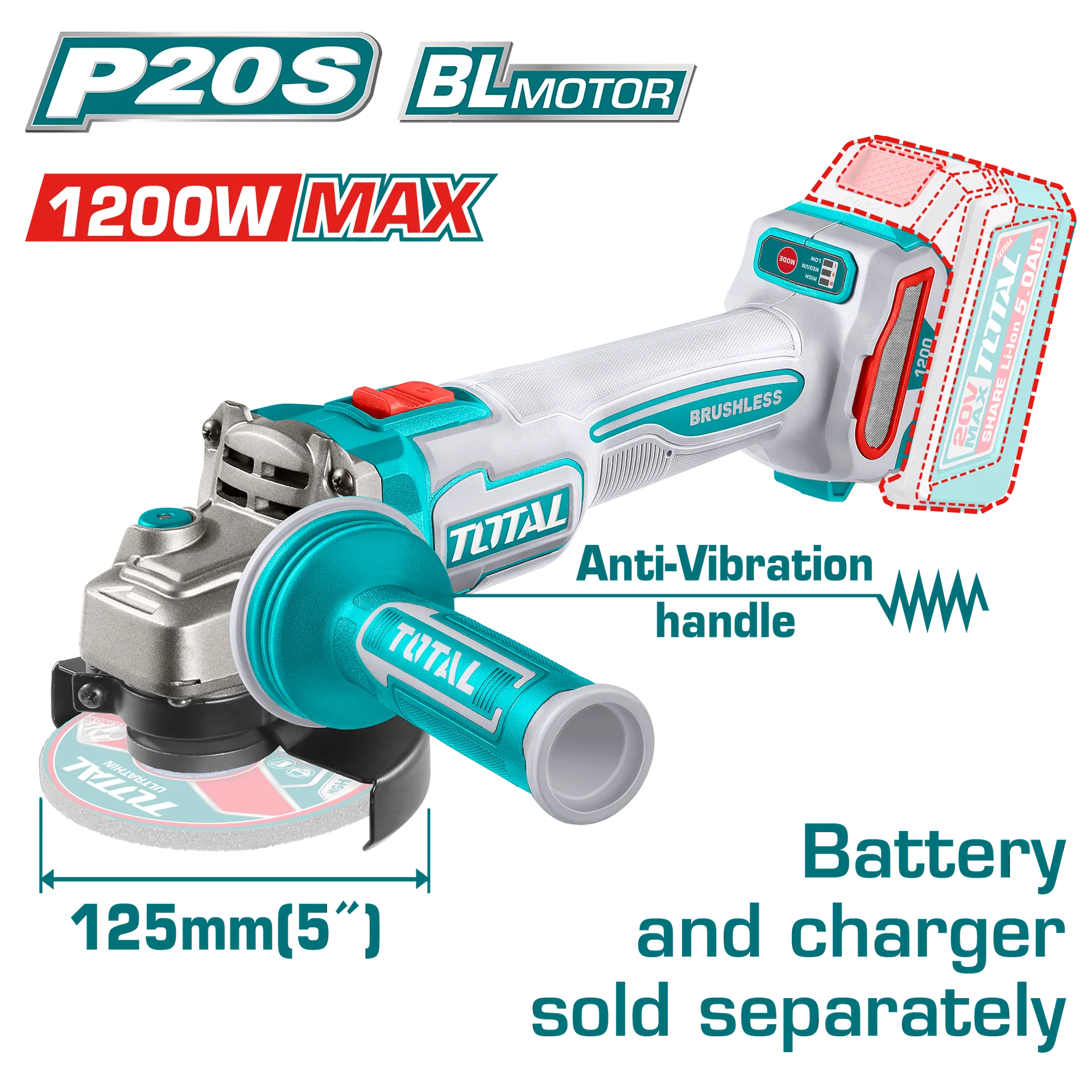 Brusiare këndore 20V 125mm vetëm pa bateritë 1200W dorezë anti-vibracioni TOTAL TAGLI212027