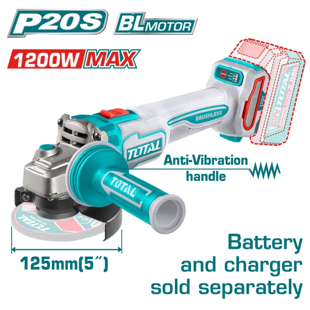 АГОЛНА БРУСИЛКА 20V 125mm СОЛО БЕЗ БАТЕРИИ 1200W АНТИВИБРАЦИОНА РАЧКА TOTAL TAGLI212027