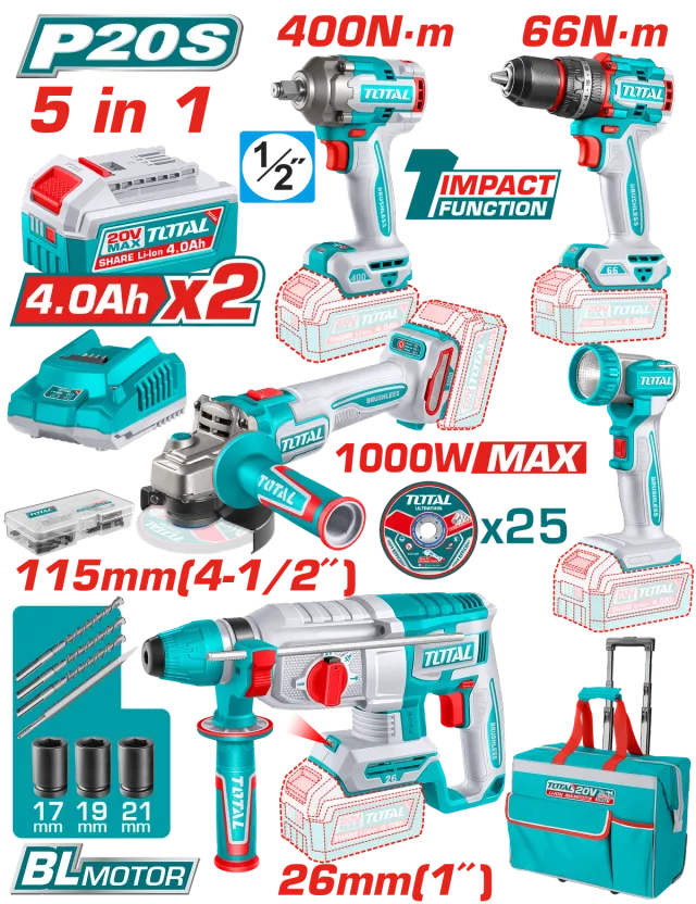 COMBO СЕТ 5/1 20V 2×4.0Ah TOTAL TCKLI20592
