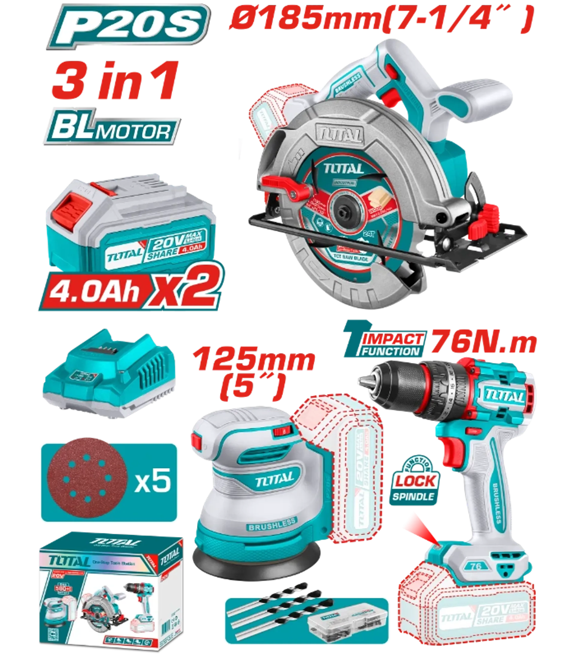 Combo set 3/1 20V 2x4.0Ah TOTAL TOSLI250181(M)