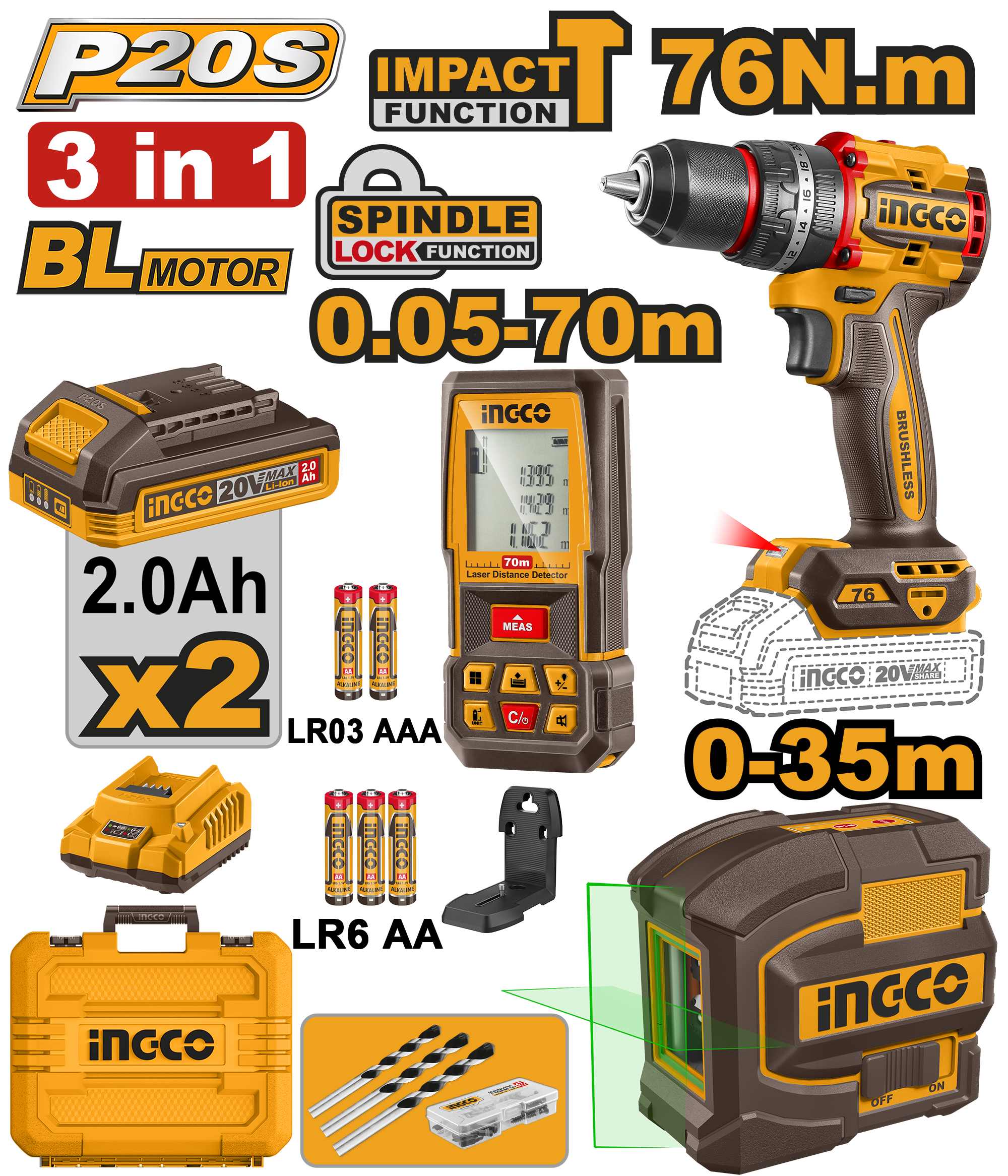 Bateriski combo set 3/1 INGCO COSLI250511