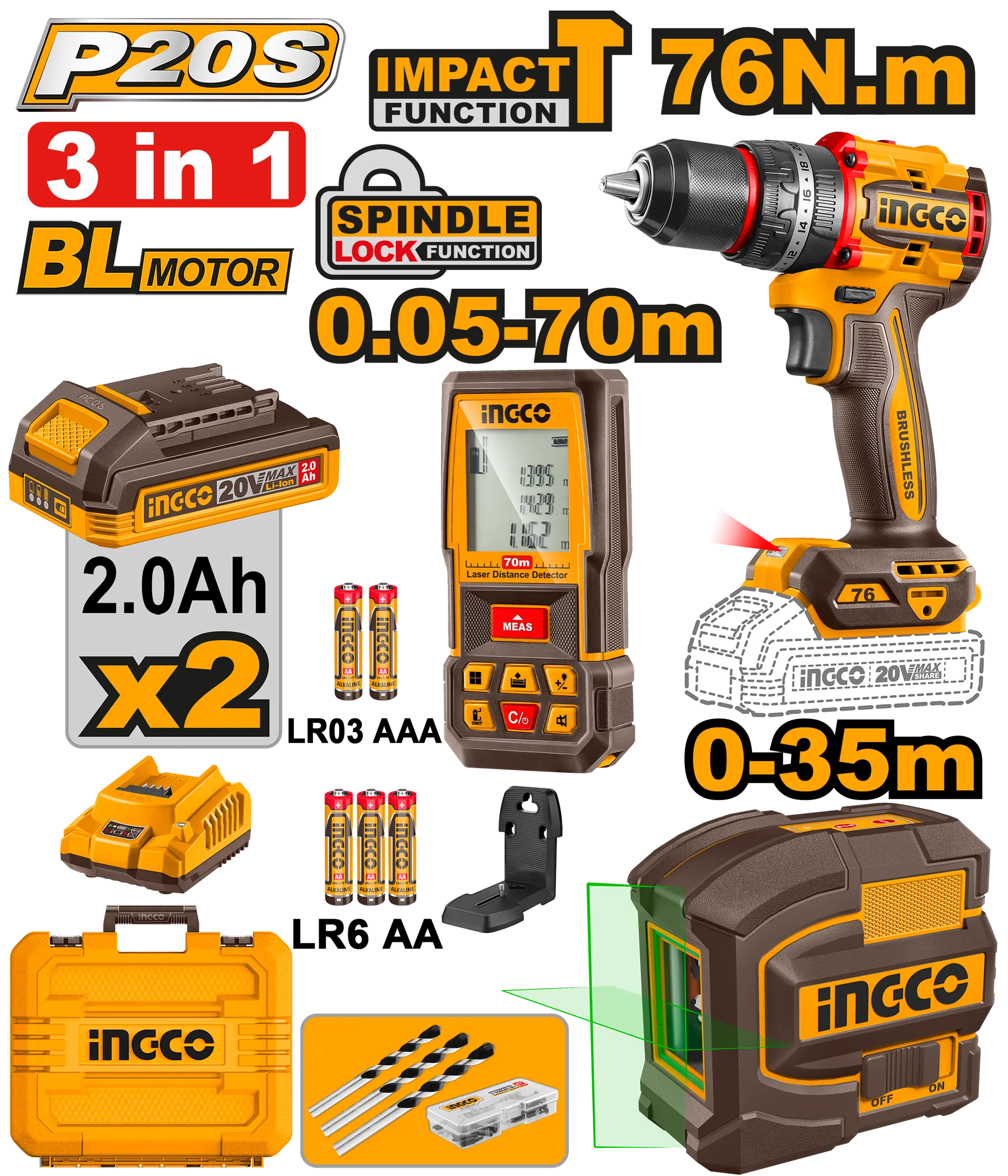 Bateriski combo set 3/1 INGCO COSLI250511