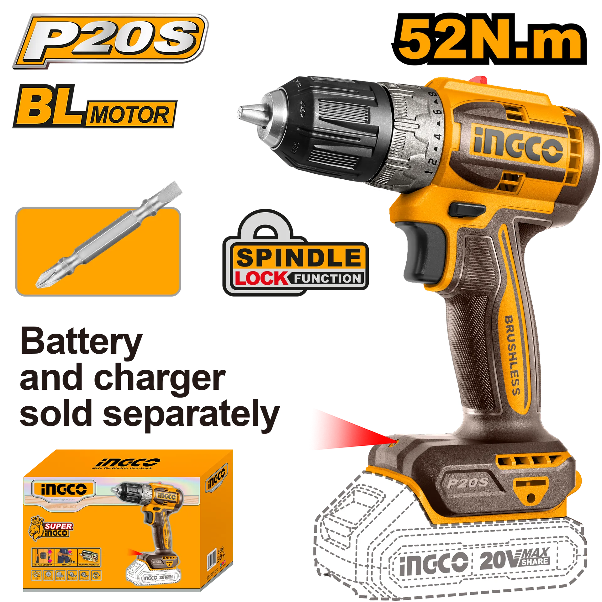 Shtrrafilica 52Nm 20V solo pa baterie - INGCO CDLI204531