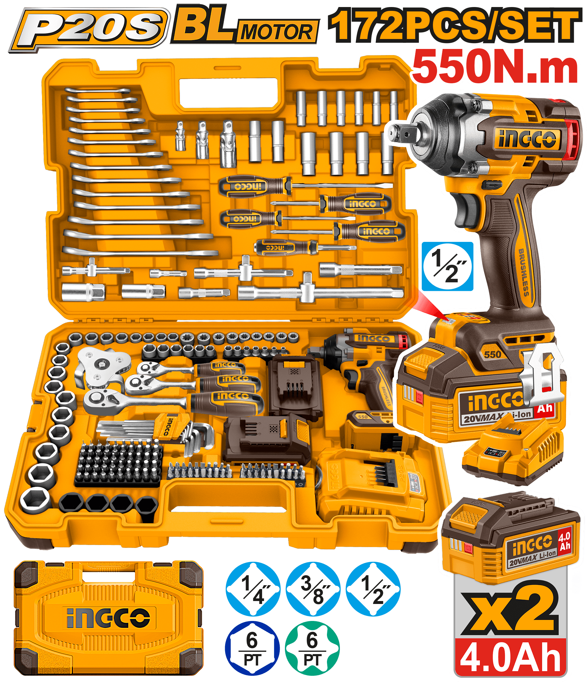 СЕТ 172PCS УДАРЕН ОДВРТУВАЧ 550Nm 20V 2×4.0Ah INGCO HKTHP41723