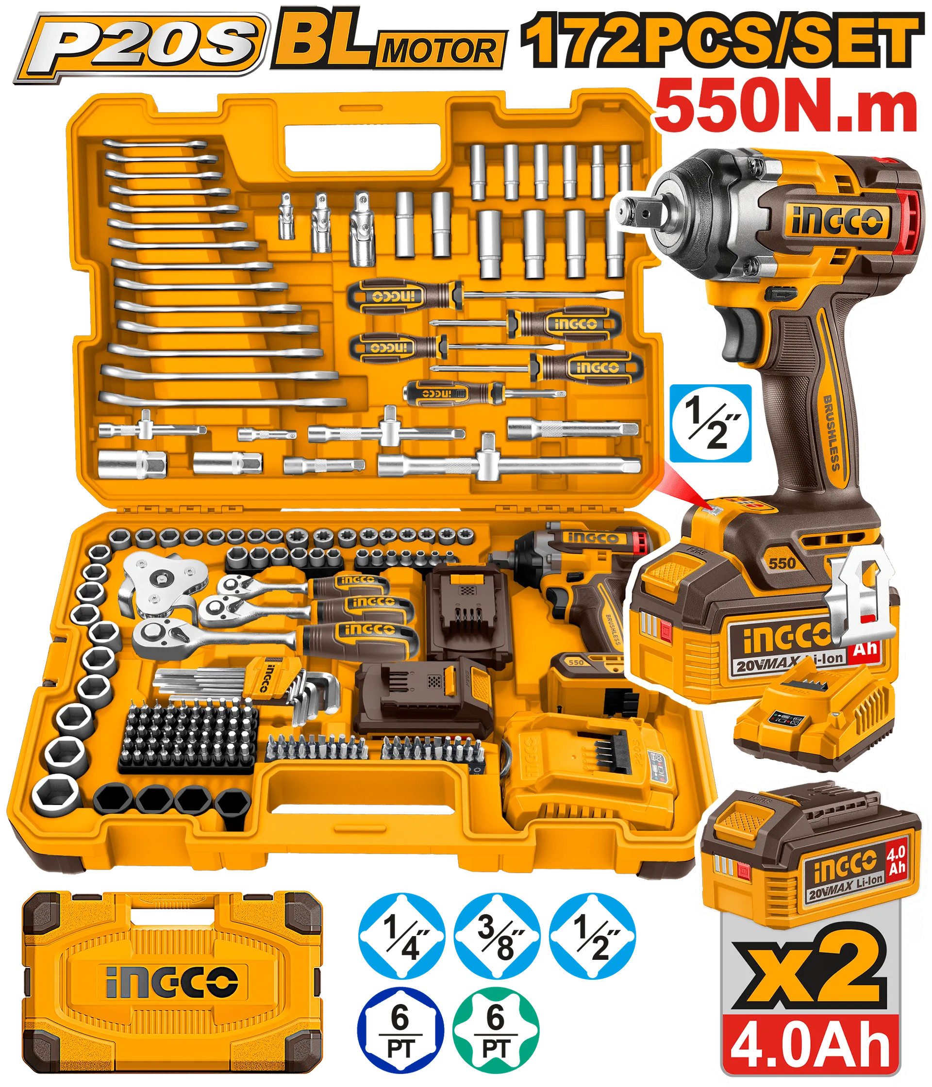 Set 172 pjesë + çelës goditës 550Nm 20V 2×4.0Ah INGCO HKTHP41723