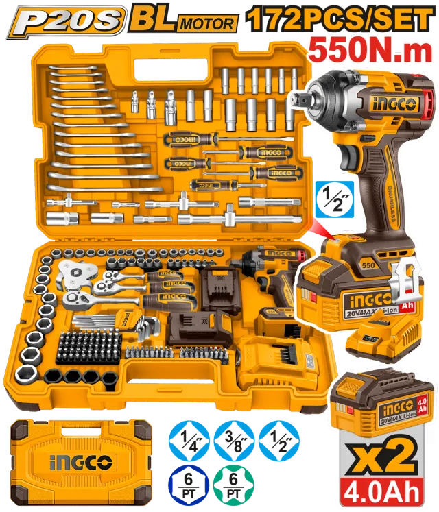 СЕТ 172PCS УДАРЕН ОДВРТУВАЧ 550Nm 20V 2×4.0Ah INGCO HKTHP41723