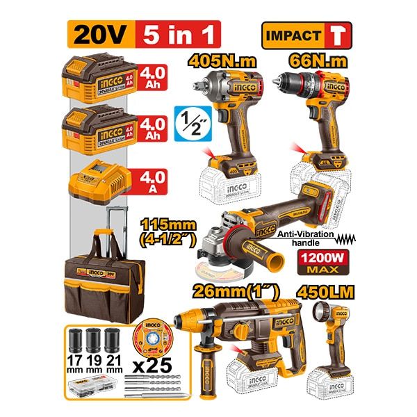 COMBO СЕТ 5/1 20V 2×4.0Ah INGCO CKLI20595