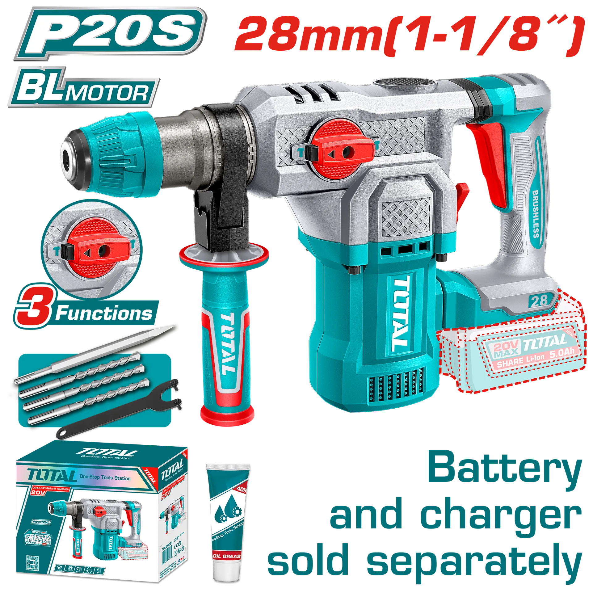 Çekiç-stërvitje përplasëse SDS+ 28mm 20V vetëm pa bateritë TOTAL TRHLI20286