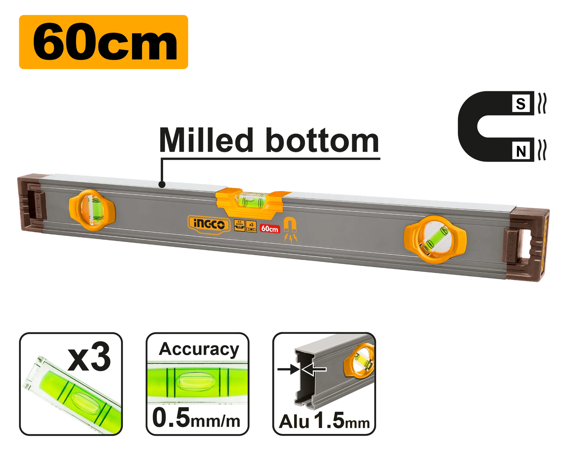 Ujmëtar peshore libela me magnet 60CM INGCO HSL38060M