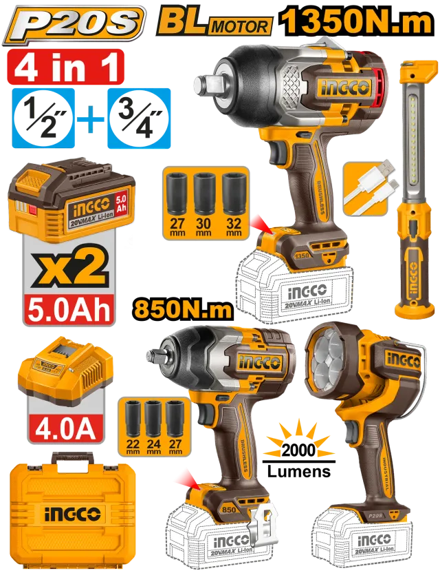 COMBO СЕТ 4/1 УДАРЕН ОДВРТУВАЧ 1350Nm+850Nm + СВЕТИЛКИ INGCO COSLI250782
