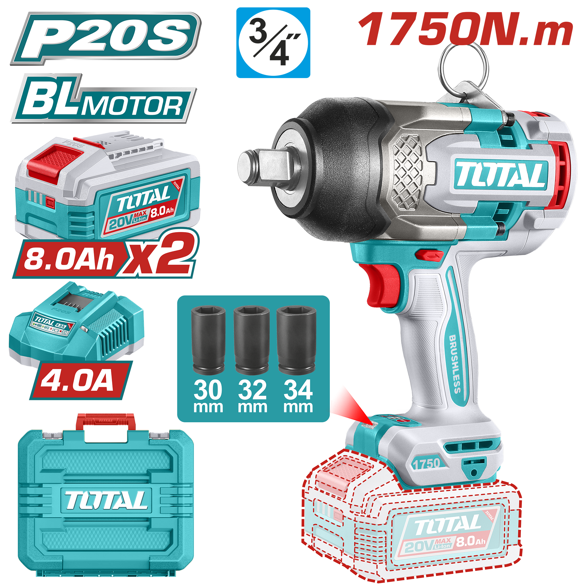 УДАРЕН ОДВРТУВАЧ 20V 1750Nm 2×8.0Ah БАТЕРИИ TOTAL TIWLI20175