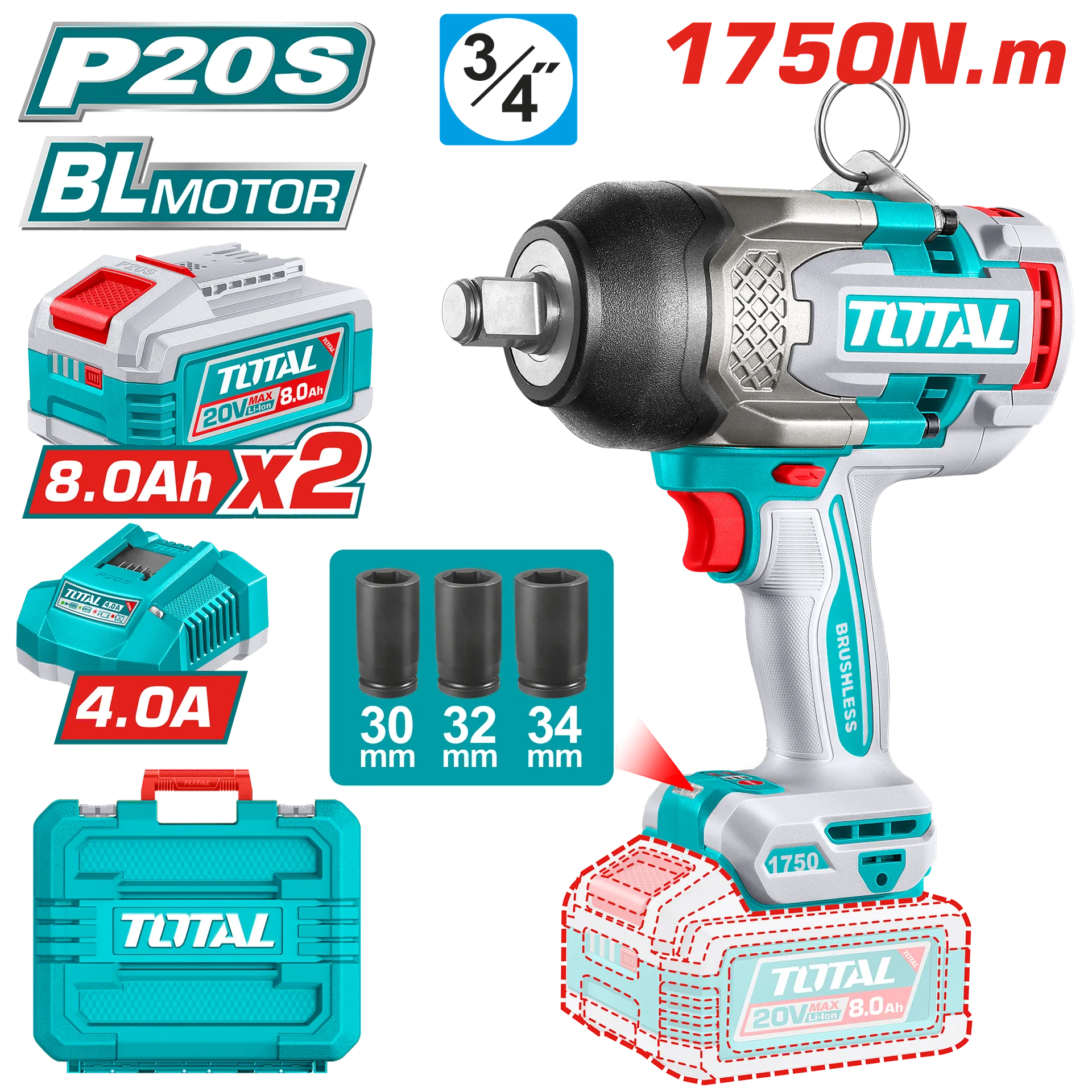 УДАРЕН ОДВРТУВАЧ 20V 1750Nm 2×8.0Ah БАТЕРИИ TOTAL TIWLI20175