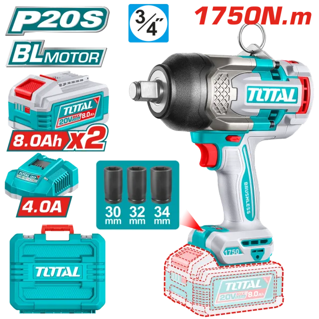 УДАРЕН ОДВРТУВАЧ 20V 1750Nm 2×8.0Ah БАТЕРИИ TOTAL TIWLI20175