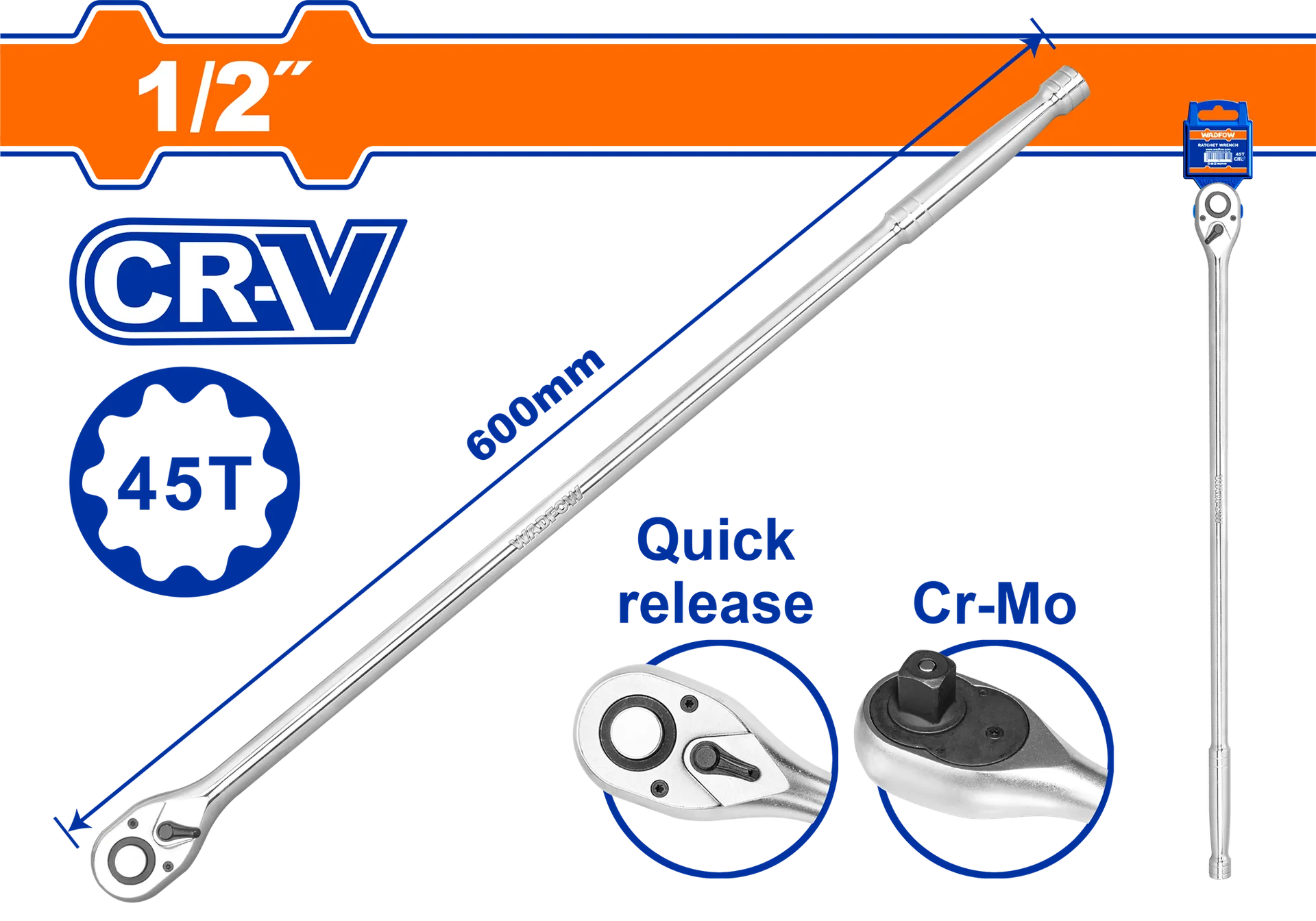 Çelës ratchet i gjatë 600mm 1/2″ 45T WADFOW WRW7212