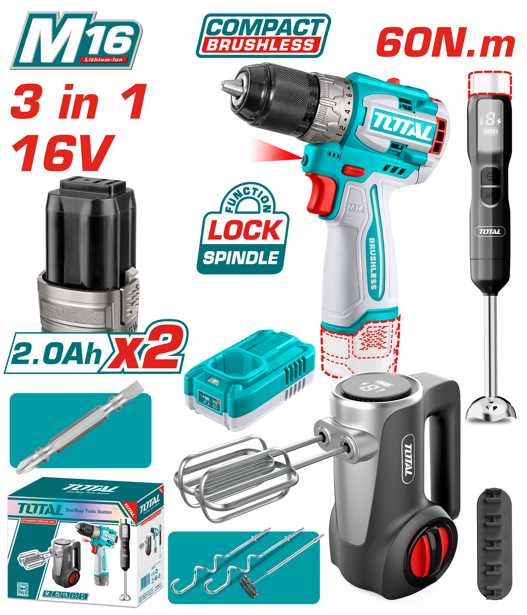 Seti kombinim 3/1 vidhnuese 16V 2×2.0Ah bateria + mikser kuzhine + blender TOTAL TCKLI1638