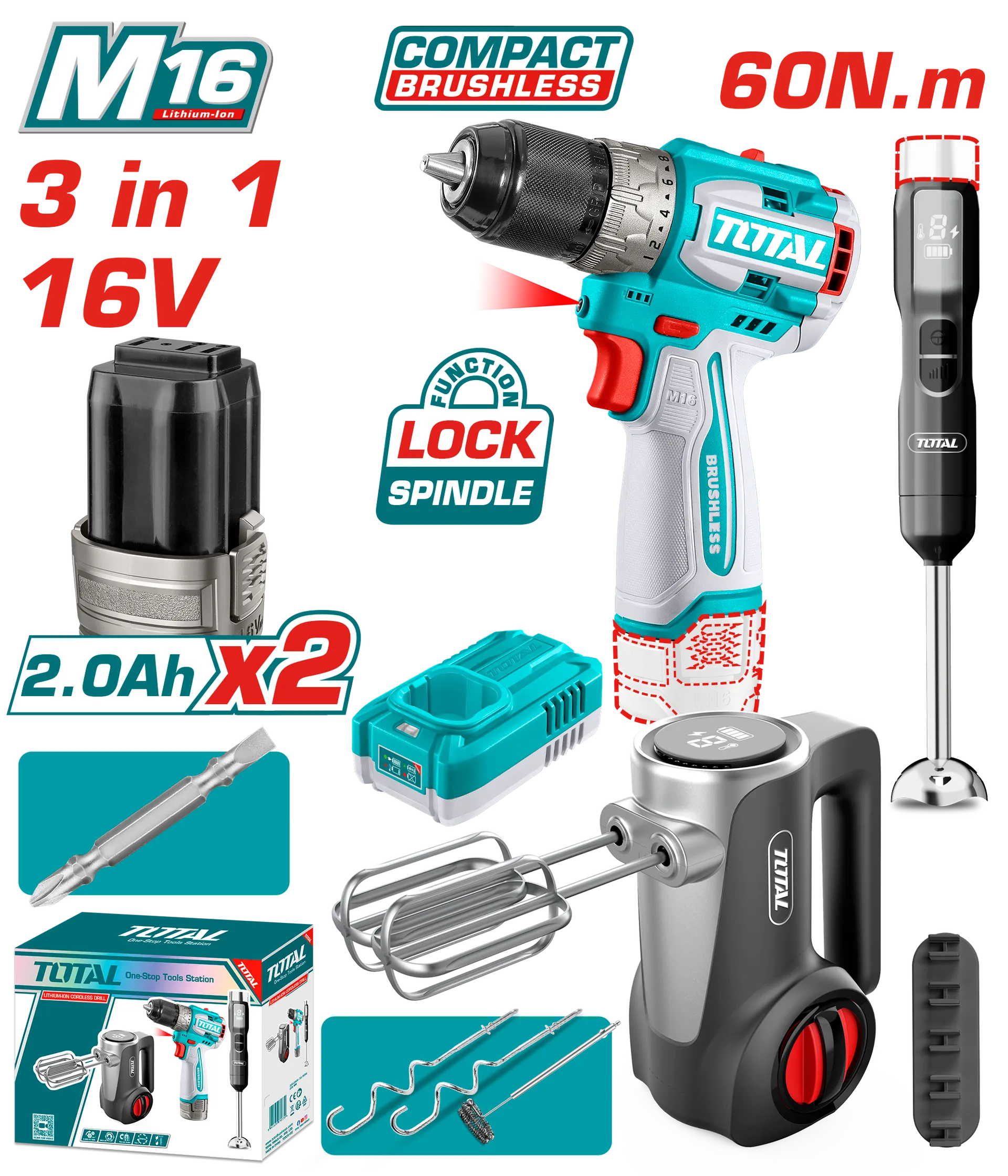 Seti kombinim 3/1 vidhnuese 16V 2×2.0Ah bateria + mikser kuzhine + blender TOTAL TCKLI1638