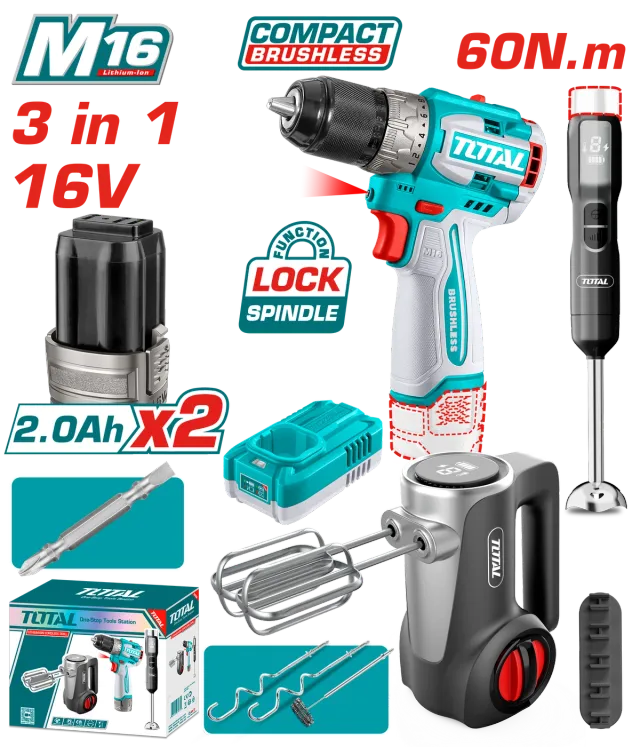 COMBO СЕТ 3/1 ШТРАФИЛИЦА 16V 2×2.0Ah БАТЕРИИ + КУЈНСКИ МИКСЕР + БЛЕНДЕР TOTAL TCKLI1638