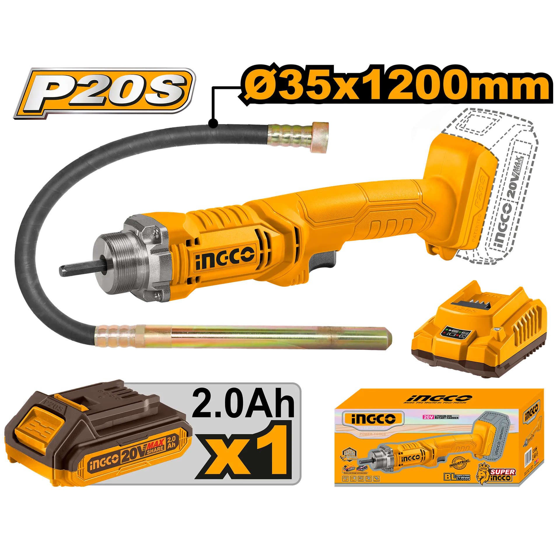 Vibrator betoni me bateri 20V 1x2.0Ah INGCO CCVLI2023011