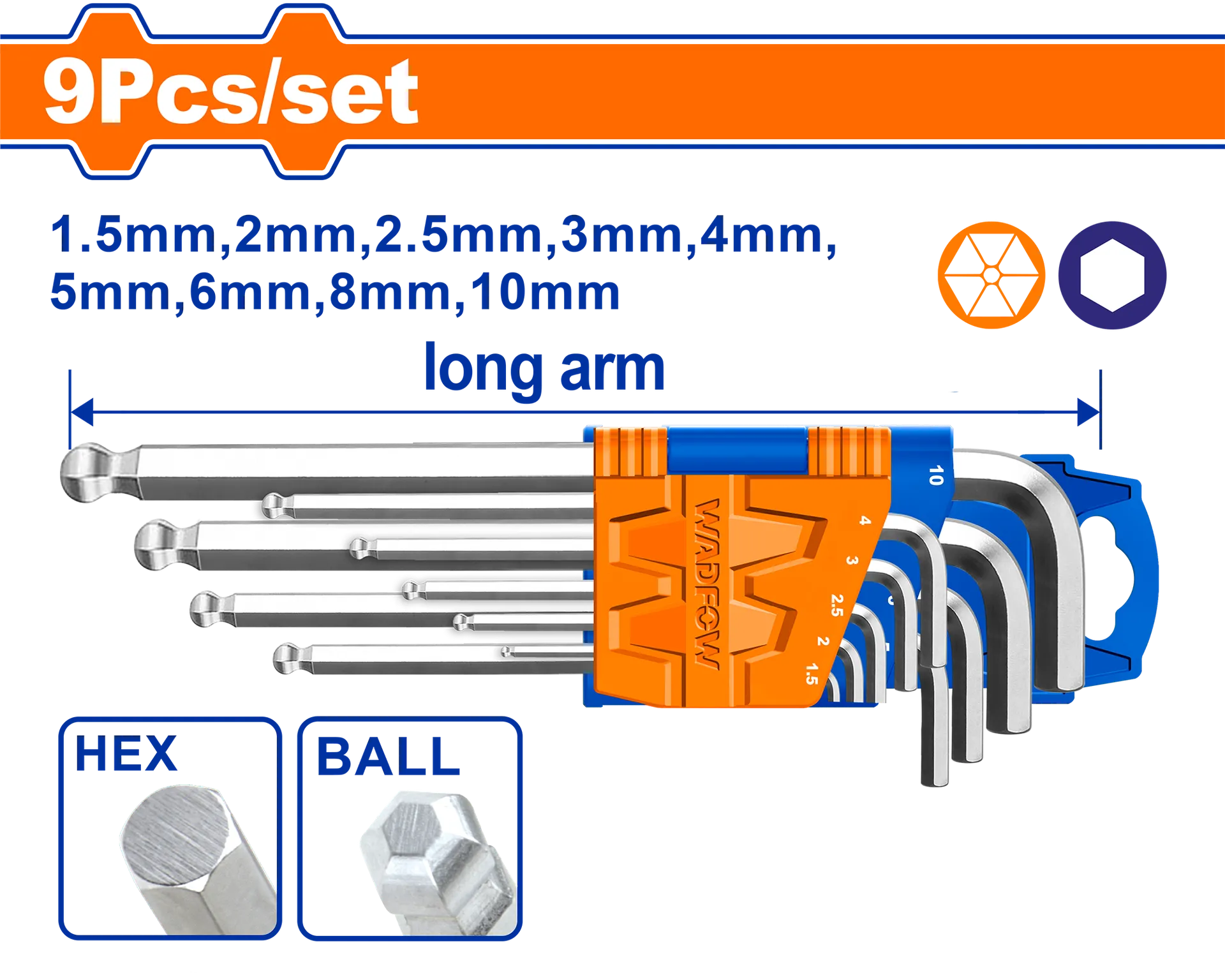 Komplet prej 9 çelësash imbus me fund sferik 1.5-10mm WADFOW WHK2291