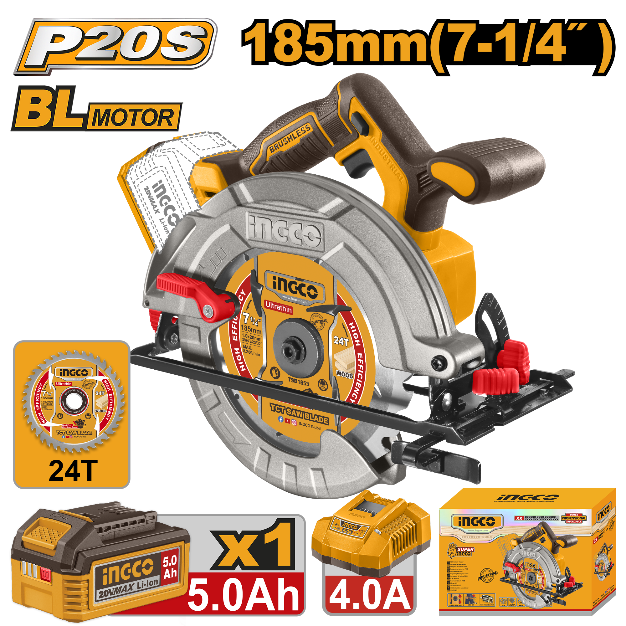 Rrekëse rrethore dorore 185MM 20V 1x5.0Ah INGCO CSLI18513