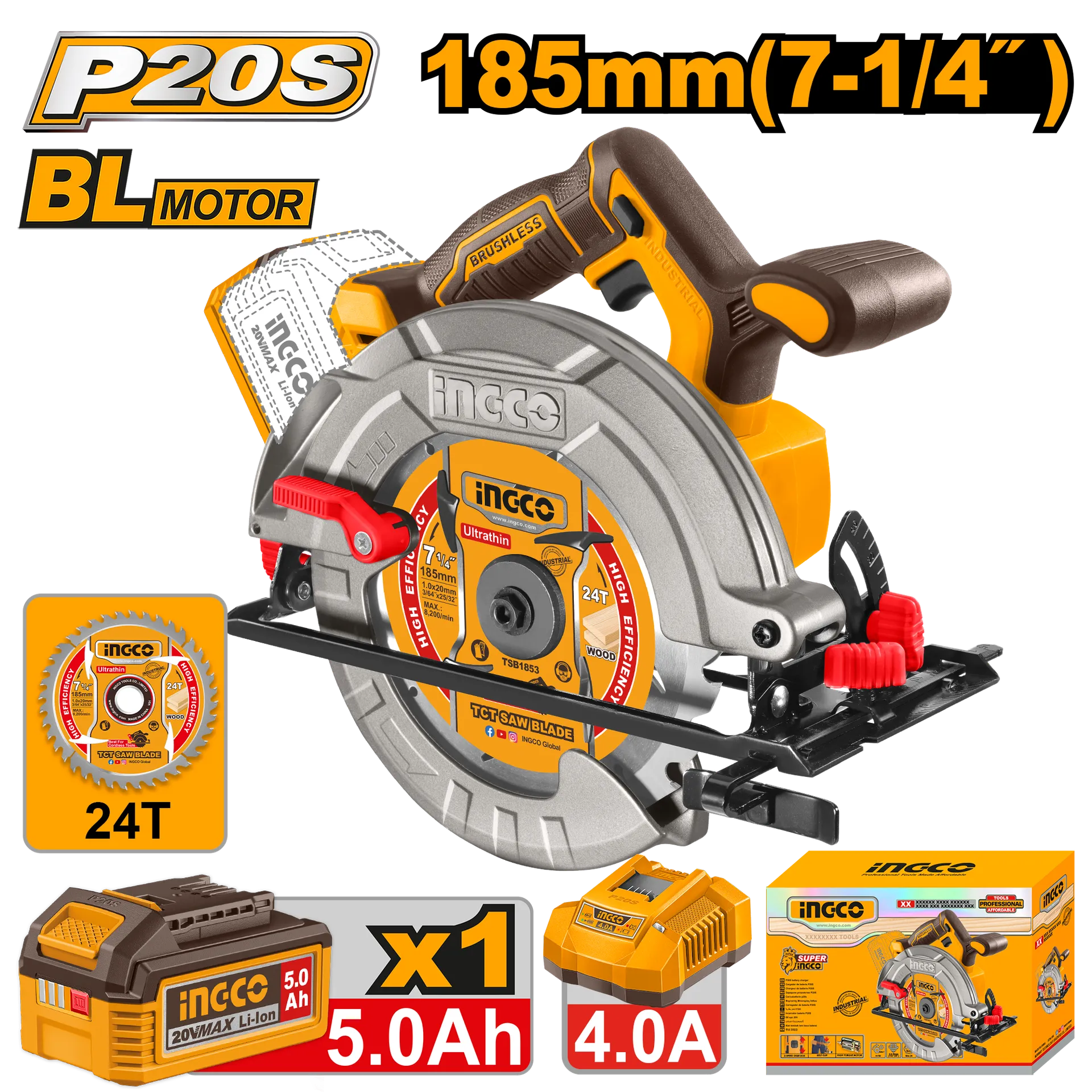 Rrekëse rrethore dorore 185MM 20V 1x5.0Ah INGCO CSLI18513