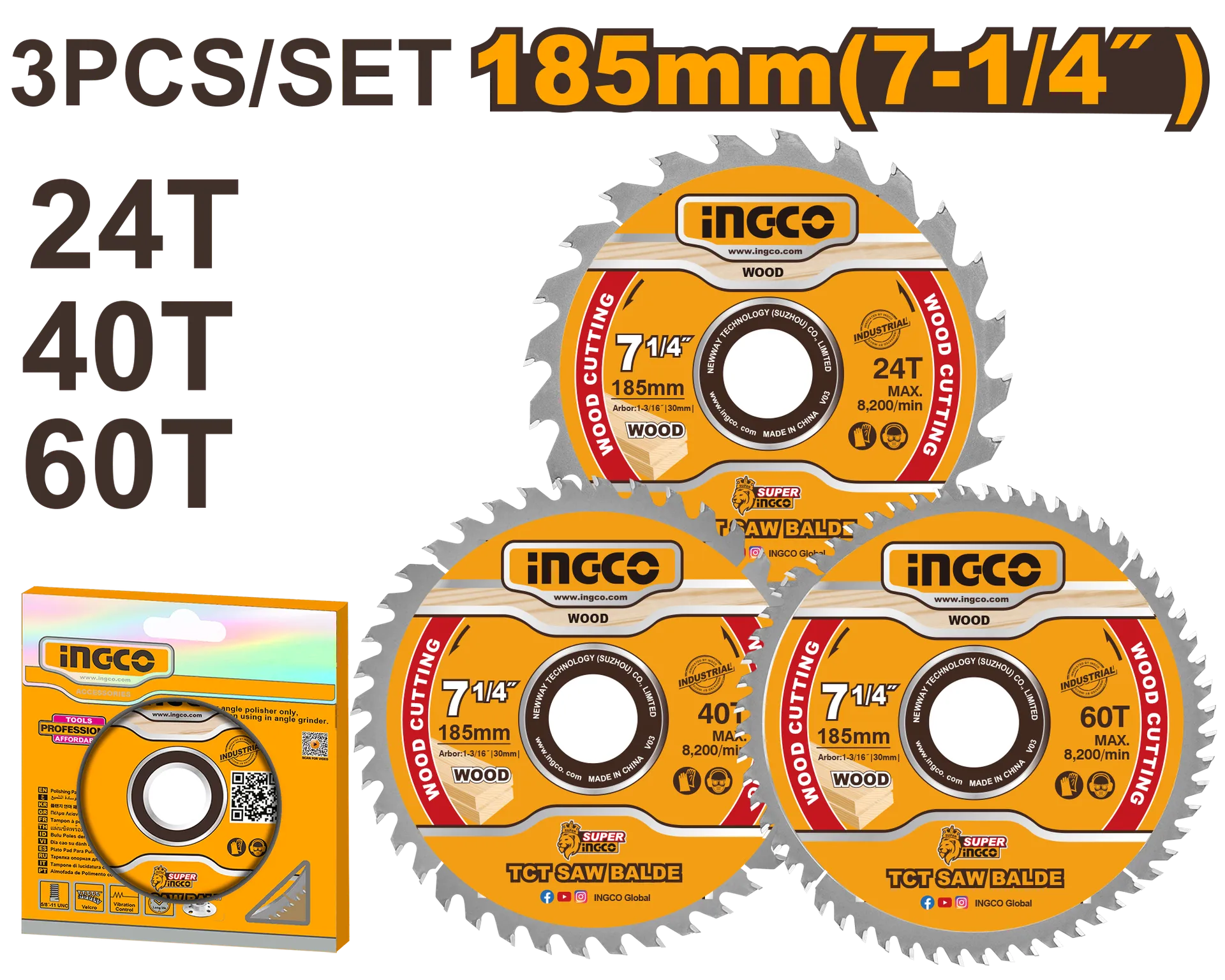 Set 3 Piles për Dru 185mm INGCO 3/1 set TSB51852153