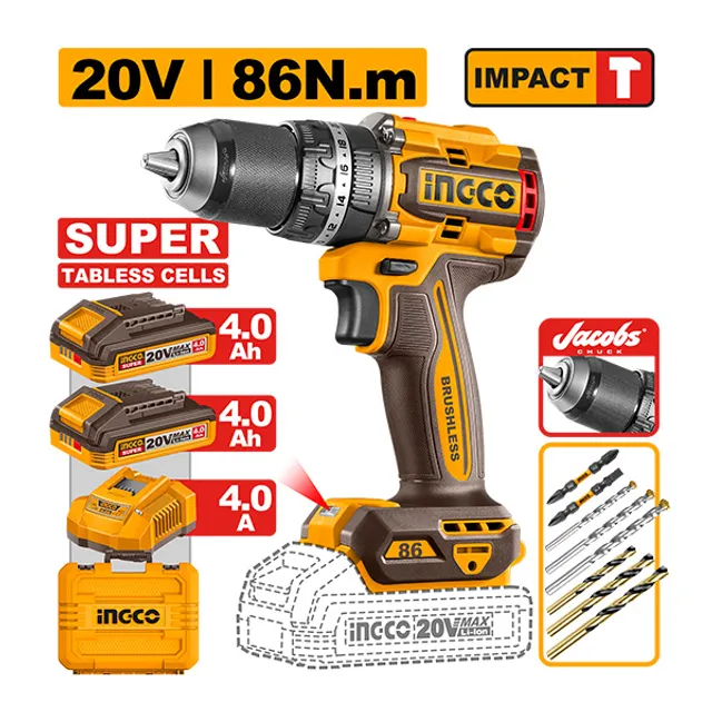 БАТЕРИСКА УДАРНА ДУПЧАЛКА-ШРАФИЛКА 20V 86N.m BRUSHLESS (2×4.0Ah) INGCO CIDLI208686