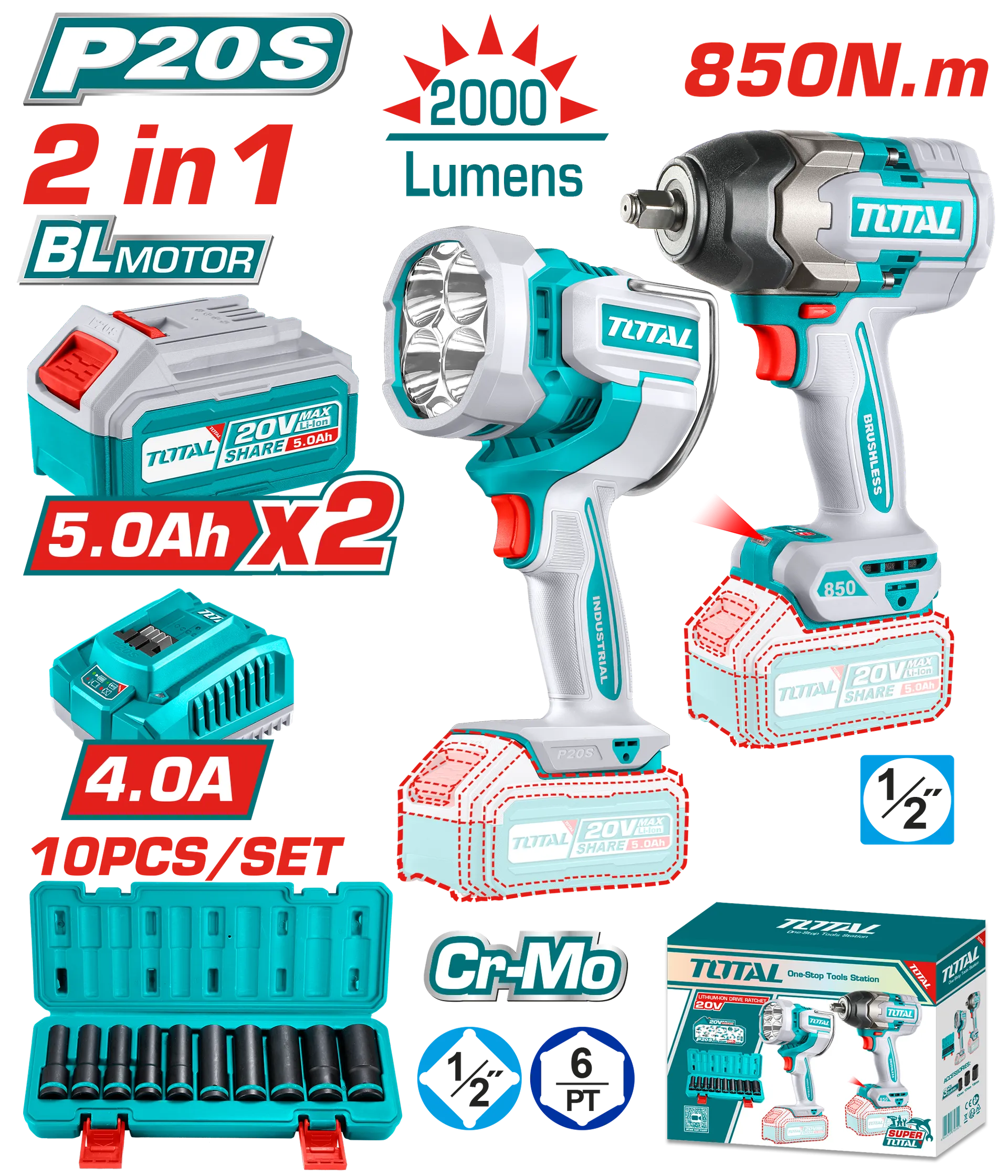 COMBO СЕТ 2/1 УДАРЕН ОДВРТУВАЧ 850Nm + СВЕТИЛКА 2000L 20V 2×5.0Ah TOTAL TOSLI241181