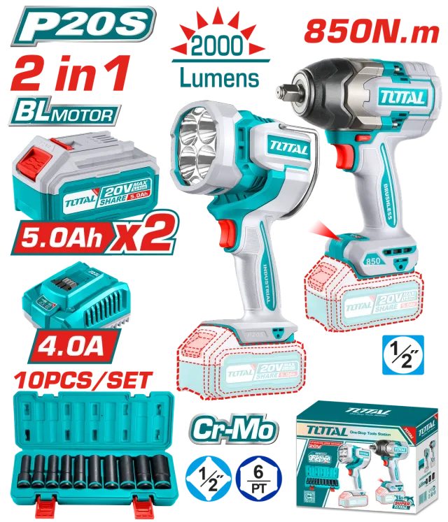 COMBO СЕТ 2/1 УДАРЕН ОДВРТУВАЧ 850Nm + СВЕТИЛКА 2000L 20V 2×5.0Ah TOTAL TOSLI241181