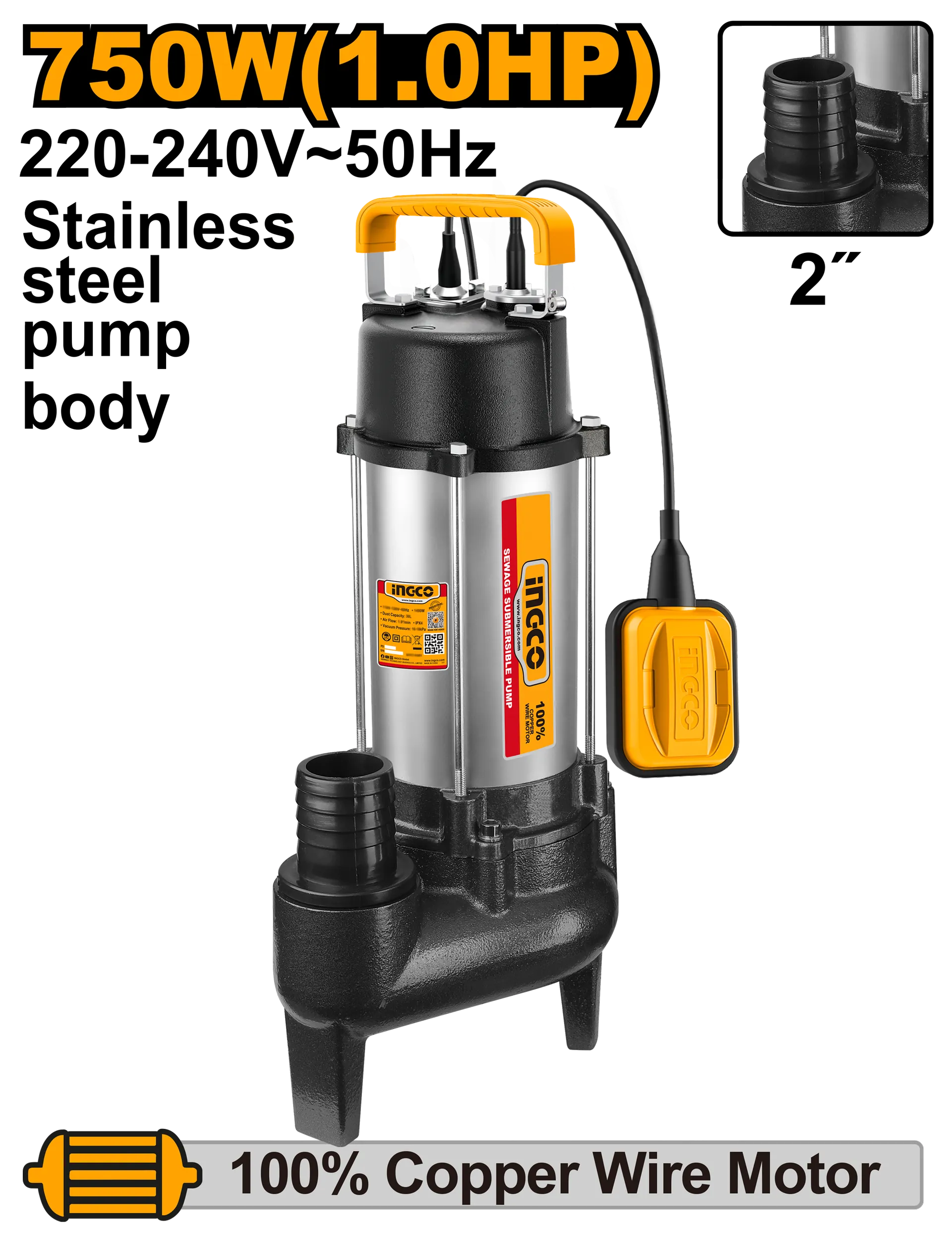 ПОТОПНА ПУМПА ЗА ВОДА 750W 1.00HP 2″ INGCO SPDS75068