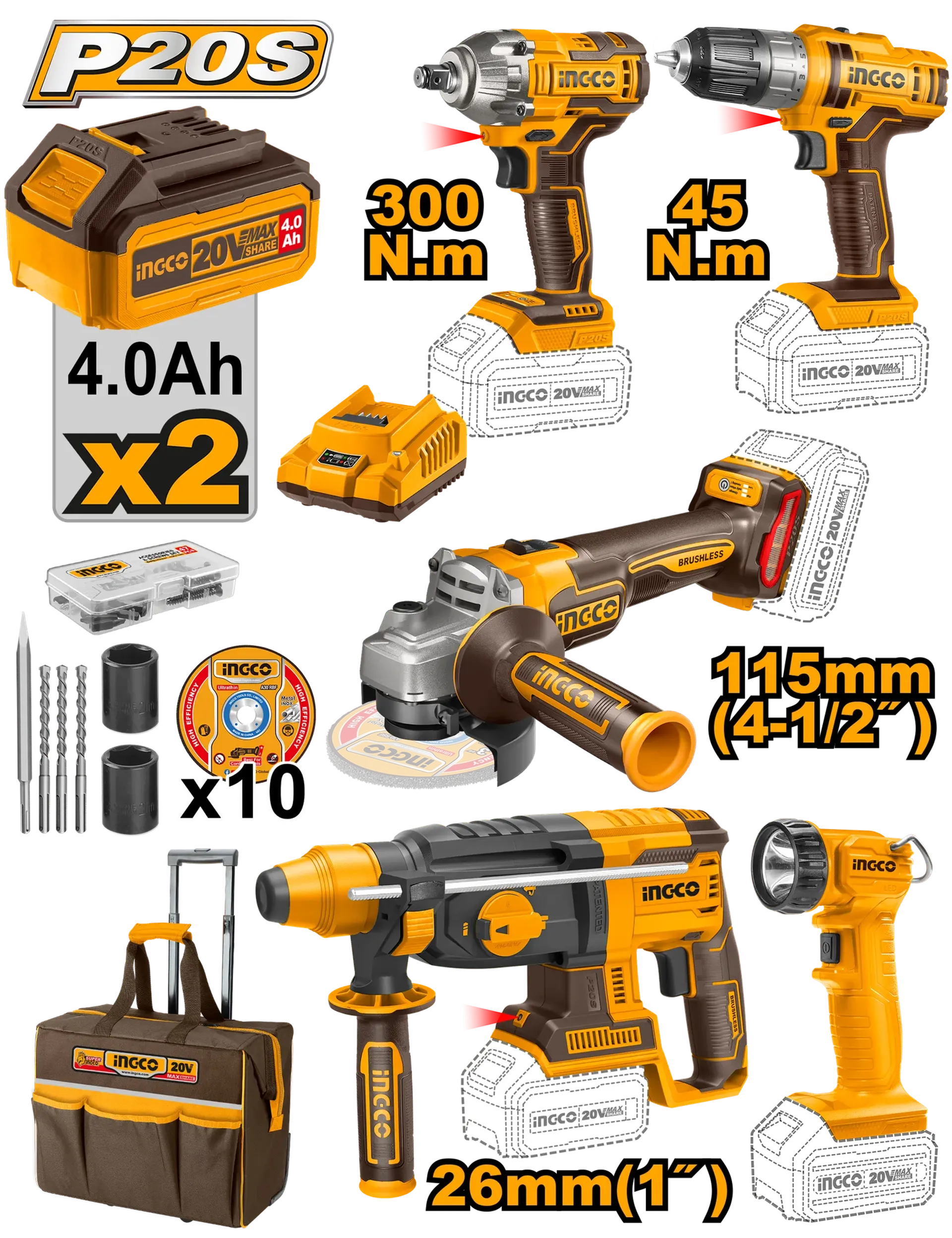 INGCO combo set 5/1 20V 2x4Ah batteri CKLI2019