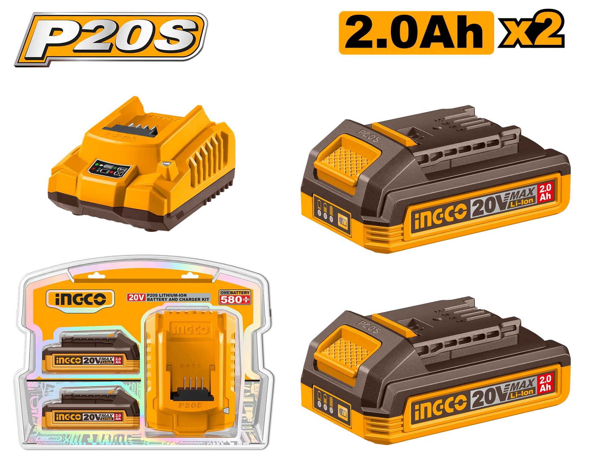 Set 2 baterie 20V 2x2Ah + karikues 2A INGCO FBCPK1222